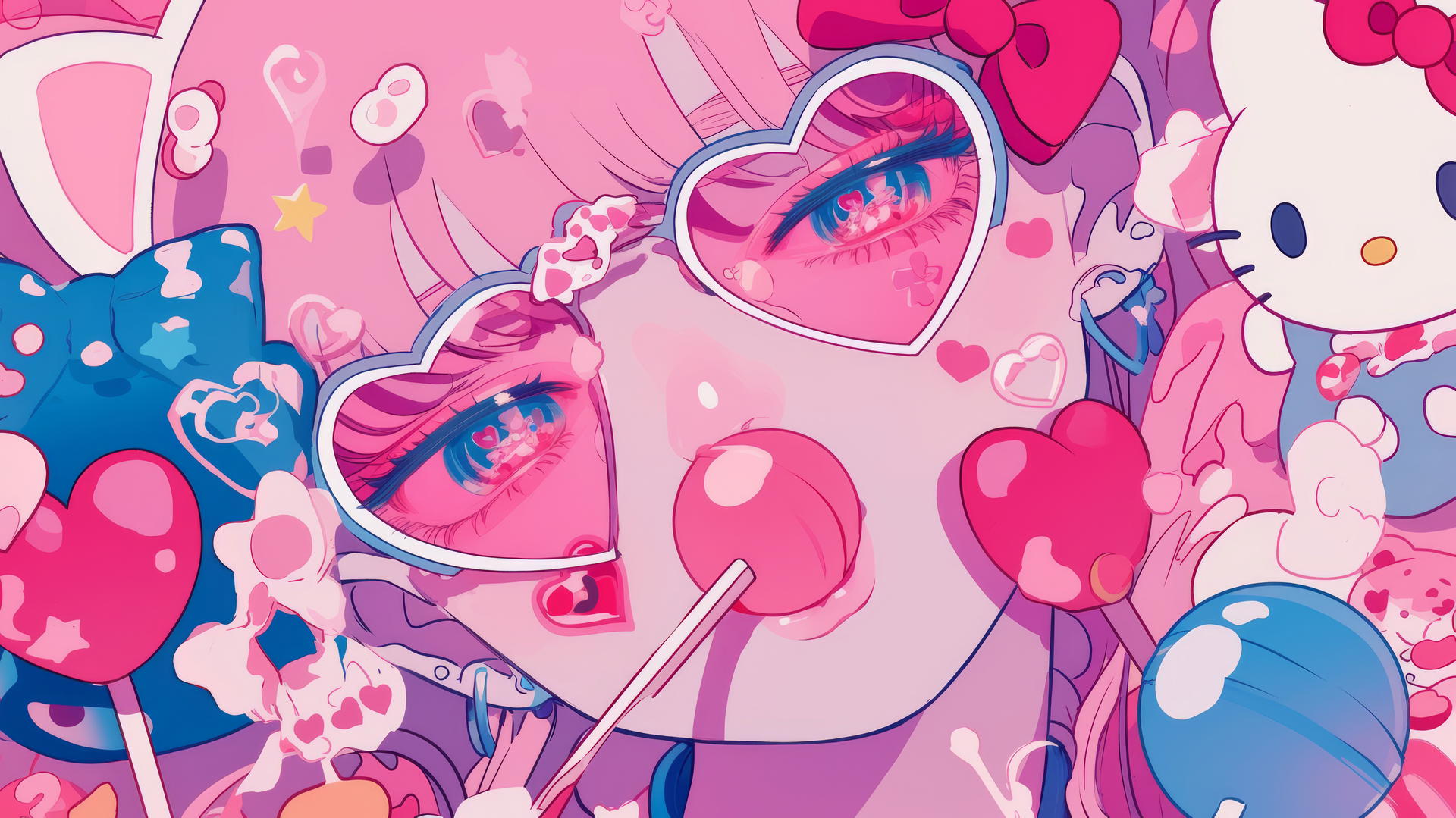 Y2K Hello Kitty wallpaper aesthetic with oversized lollipops, heart-shaped sunglasses, and bubblegum