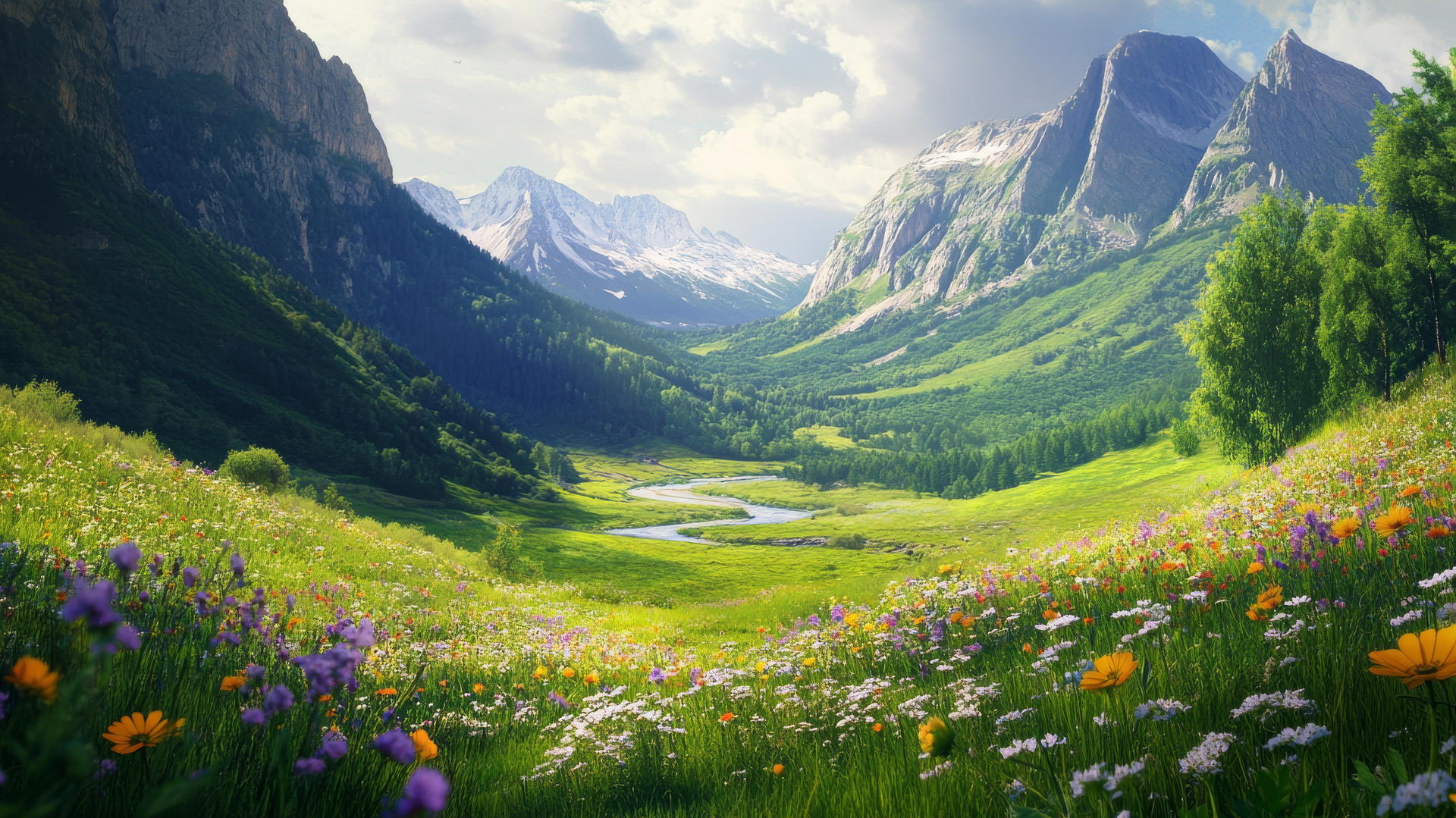 Beautiful nature wallpaper 4K featuring a lush green valley with wildflowers, a river, and mountains.