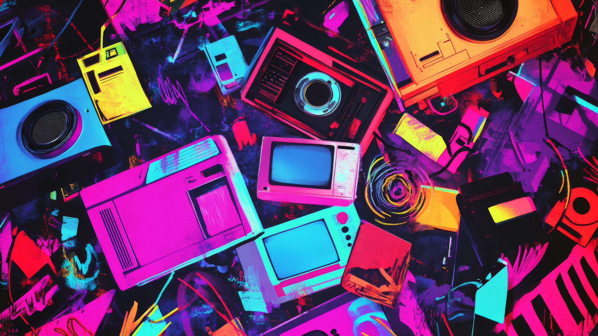 Y2K wallpaper with digital pop art elements, neon colors, and graffiti text.