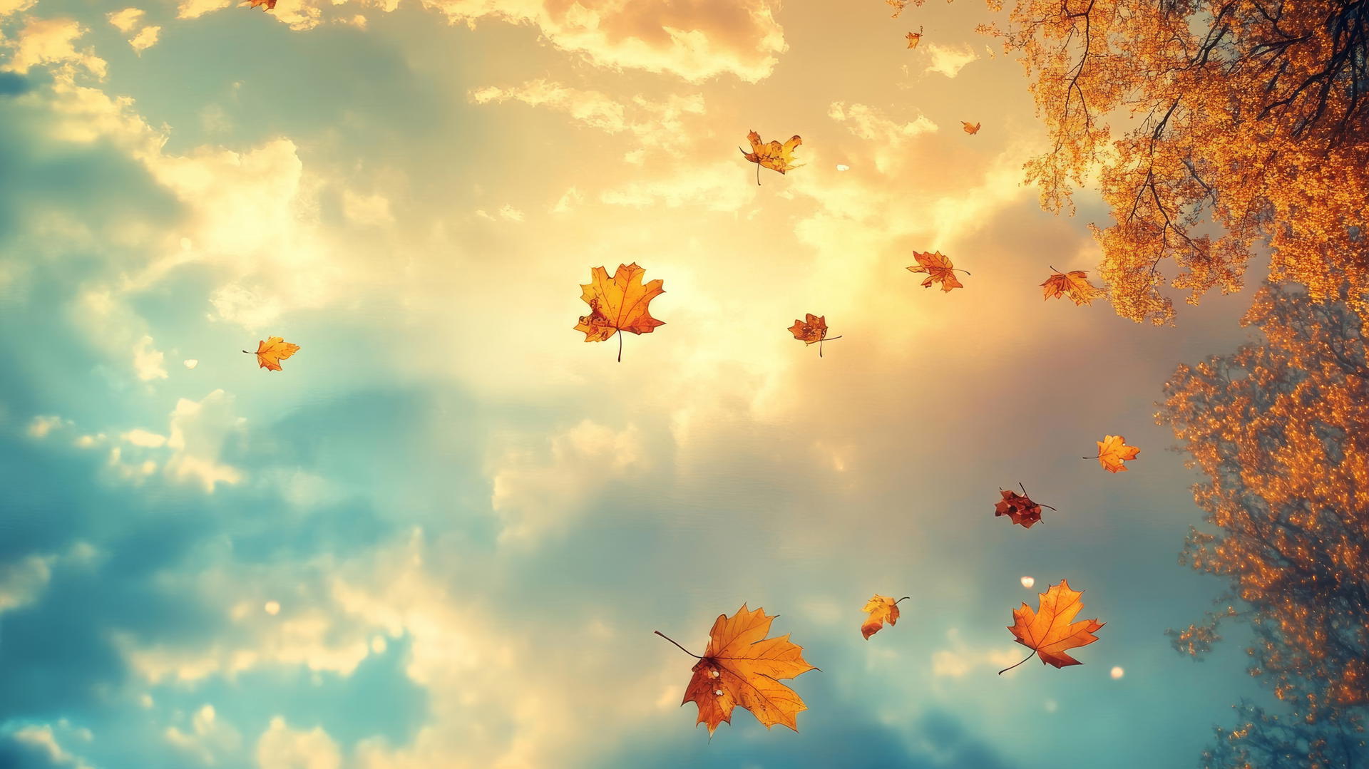 Ethereal landscape with golden leaves floating above a reflective pond, cloudy autumn sky in pastel hues, aesthetic thanksgiving wallpaper