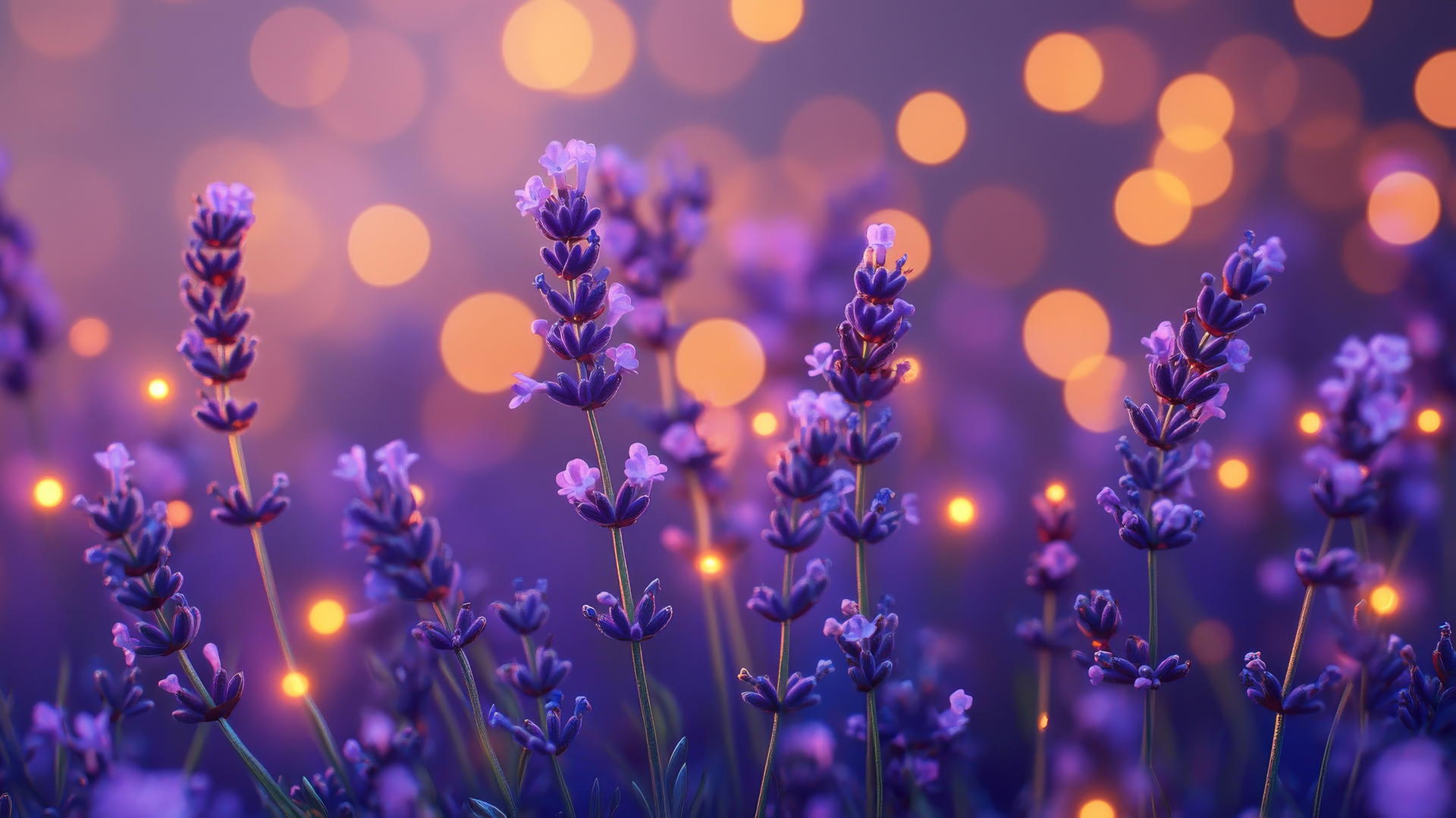 aesthetic purple wallpaper with glowing fairy lights and lavender