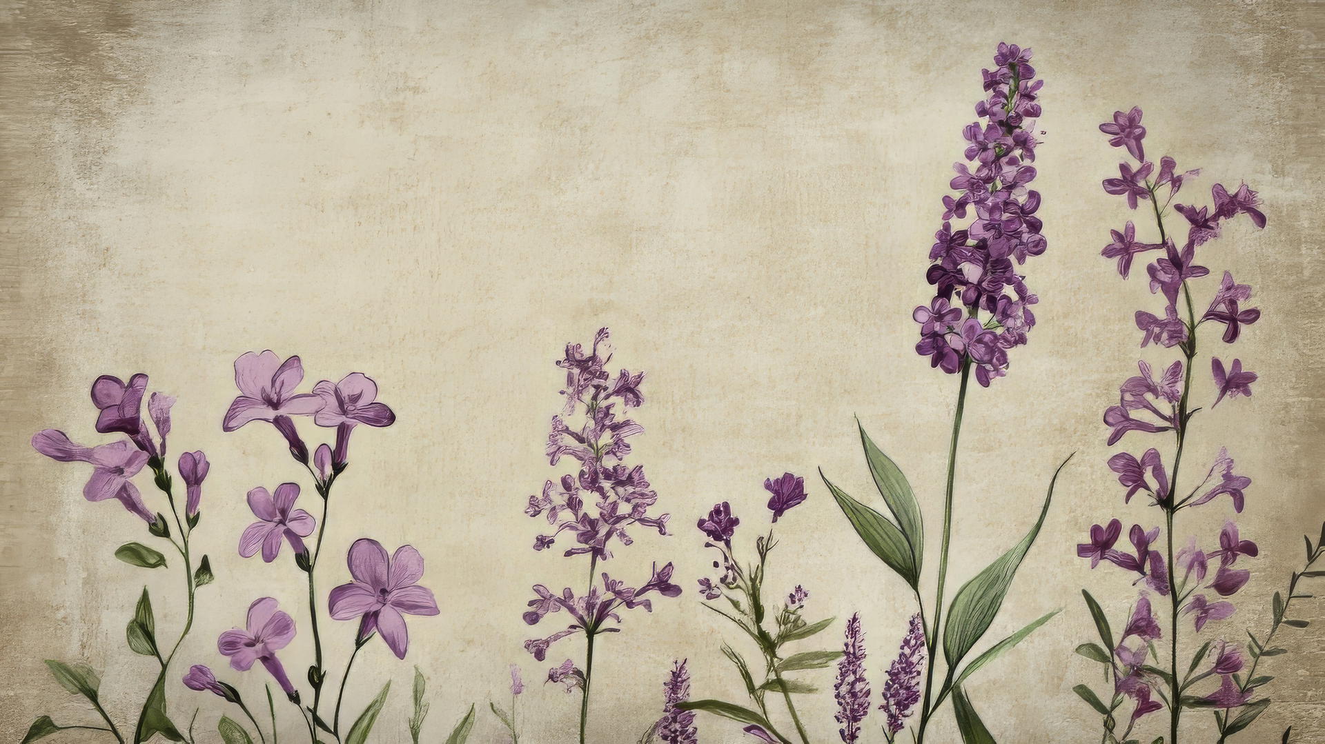 purple flower wallpaper with hand-drawn lilac and violet flowers on parchment background
