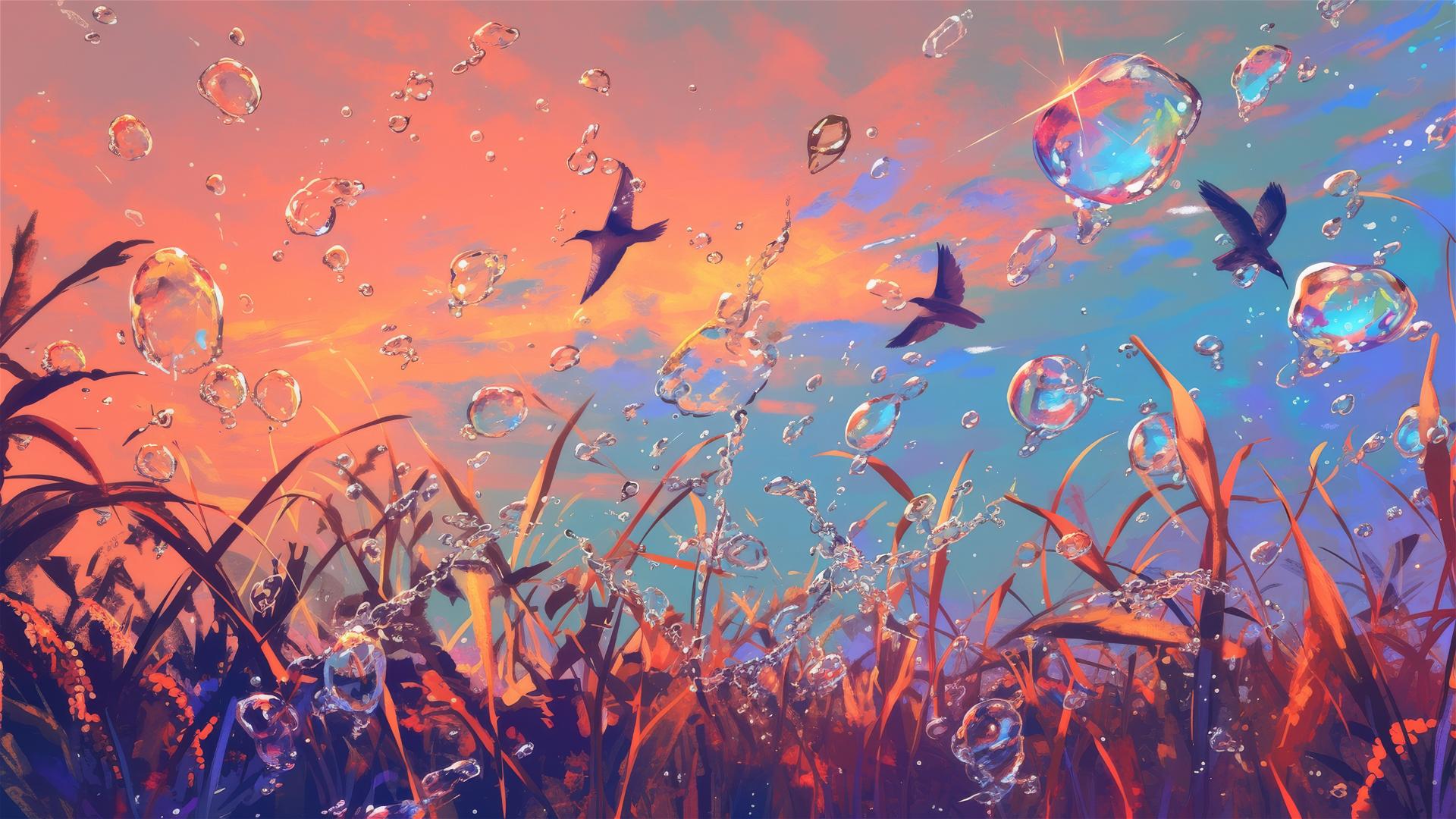 Holographic birds in flight at sunrise with rain