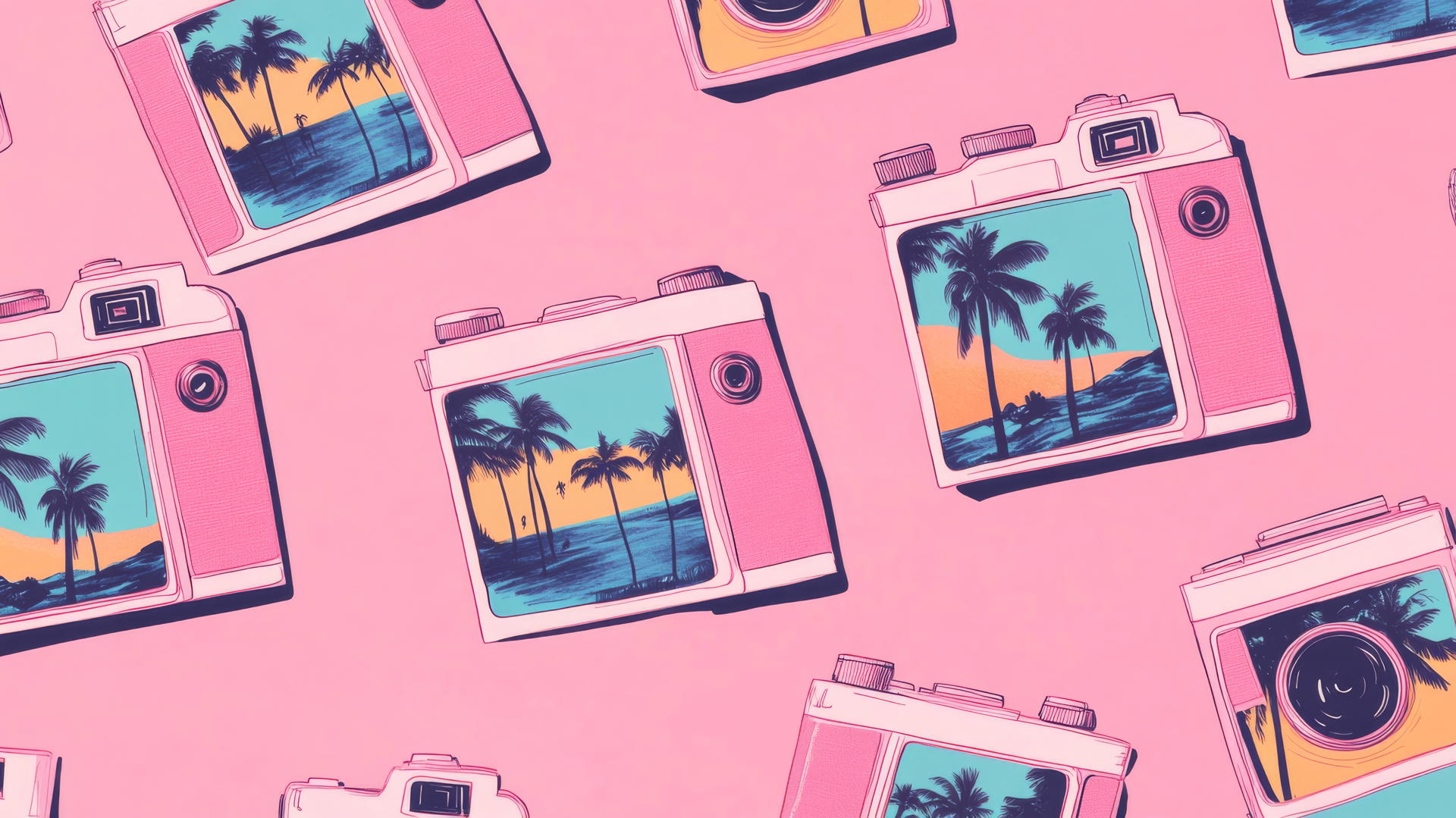 preppy wallpaper pink with polaroid cameras, tropical sunsets, palm trees on bubblegum pink