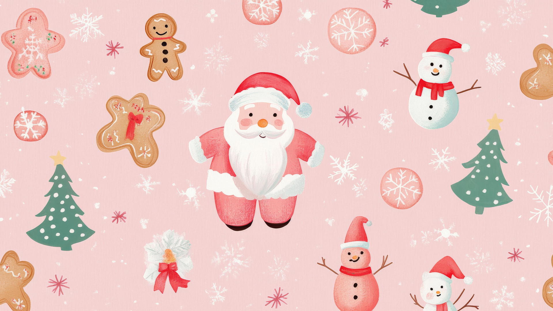 preppy pink wallpaper with pink Santa, gingerbread cookies, snowmen, and Christmas trees