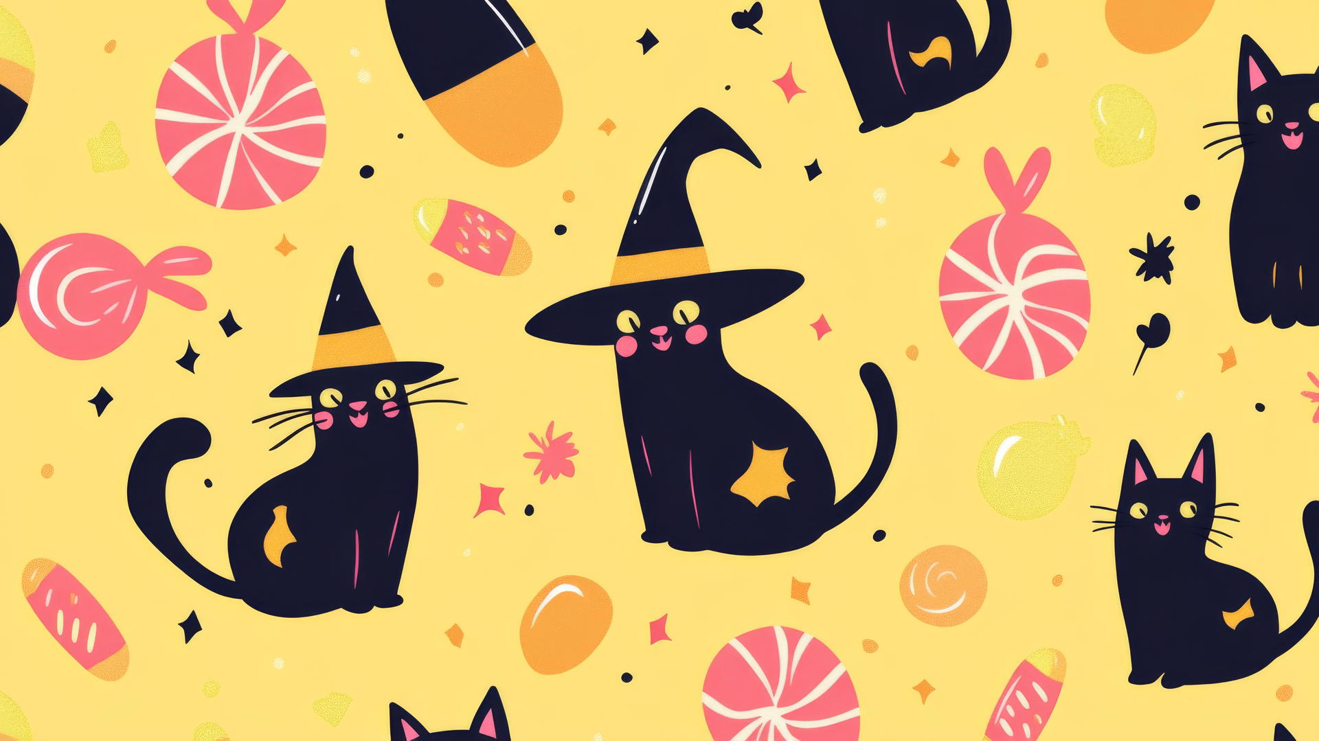 Preppy Halloween wallpaper with cartoon witches, cats, and candy
