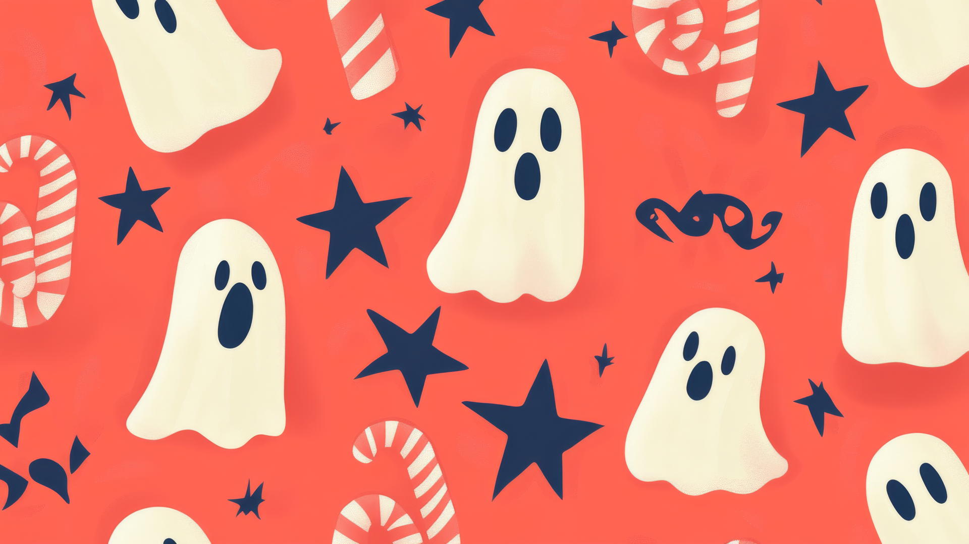 preppy Halloween wallpaper with ghosts, candy canes, stars on pastel coral background