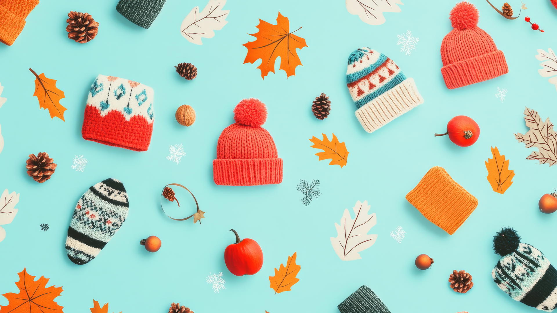preppy fall wallpaper with knit hats, mittens, scarves on pastel teal background