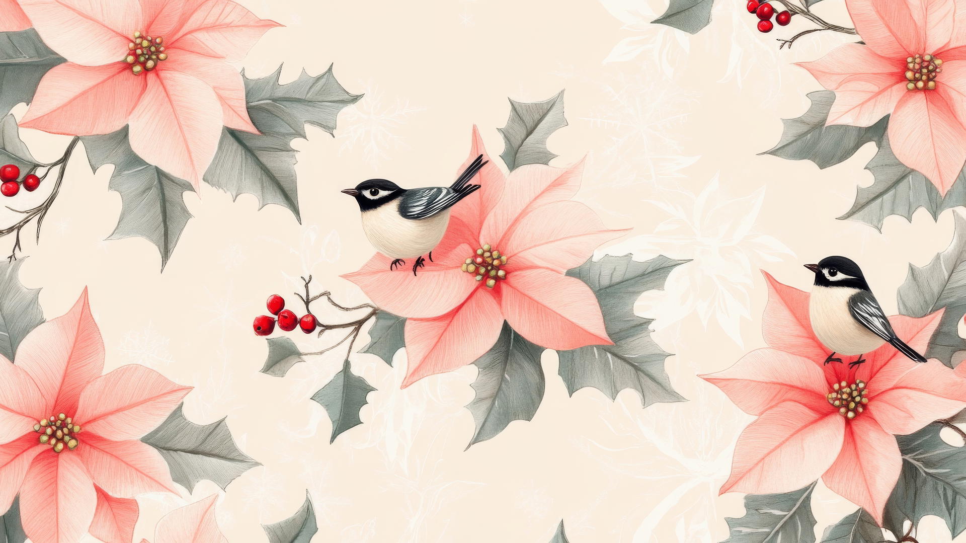 preppy winter wallpaper with pink poinsettias and tiny winter birds on pastel beige