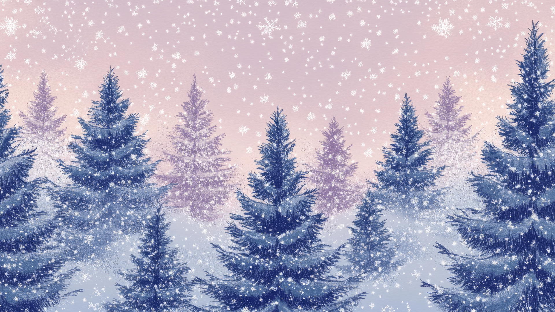 preppy winter wallpaper with snow-capped evergreen trees and twinkling stars on lilac background