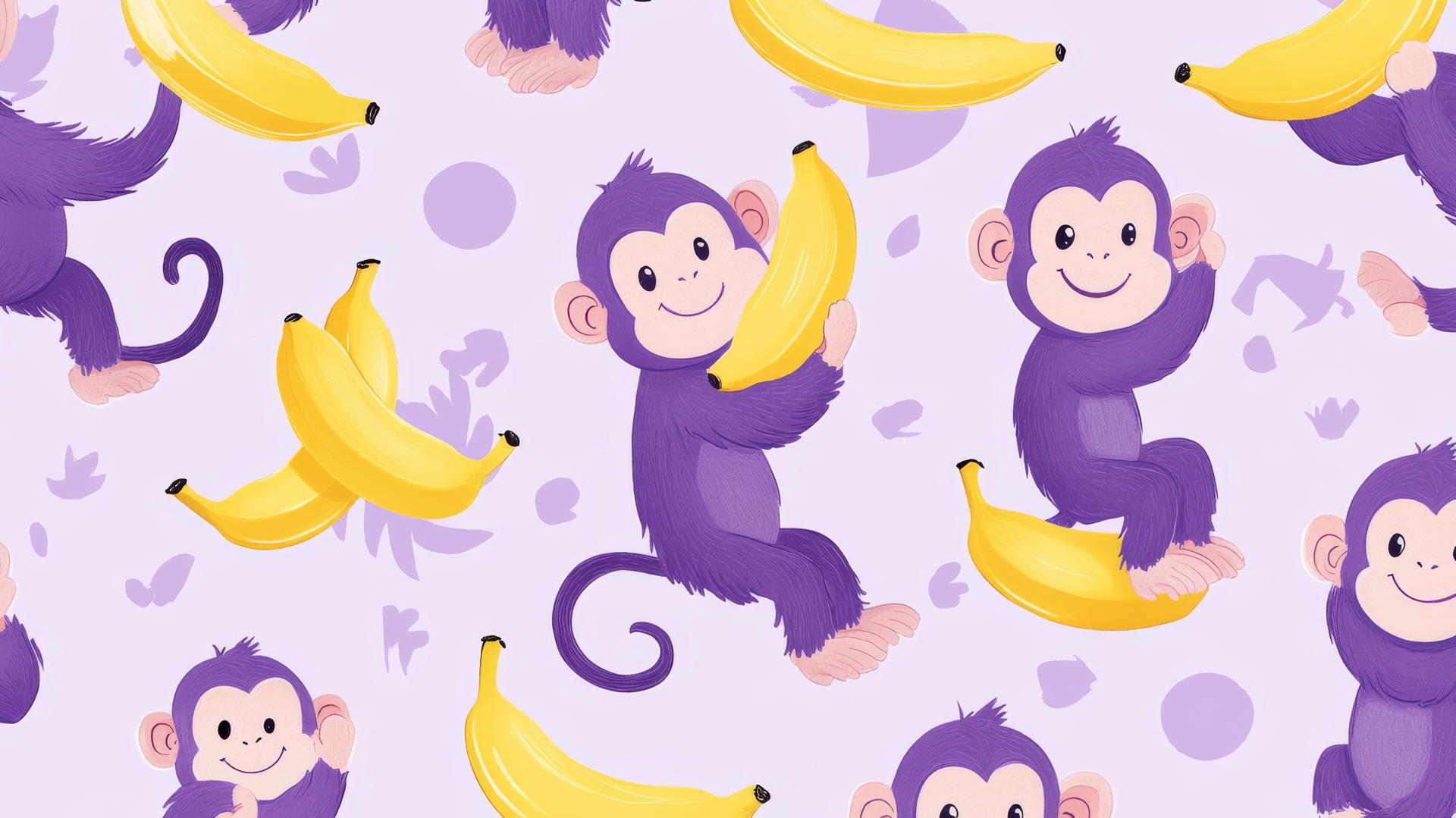preppy purple wallpaper with whimsical cartoon monkeys holding yellow bananas on a light purple background