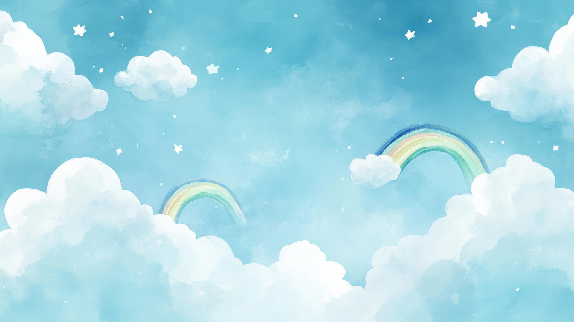 preppy blue wallpaper with watercolor clouds, pastel blue rainbows, and white stars