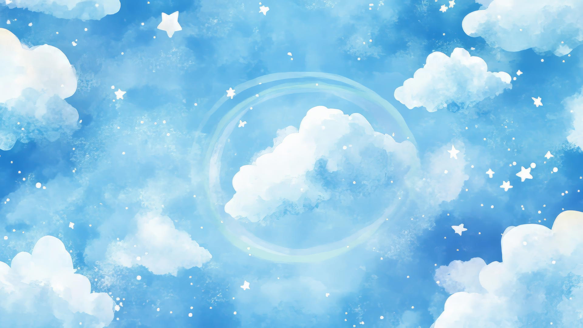 Dreamy preppy blue wallpaper with watercolor clouds, pastel rainbows, and white stars.