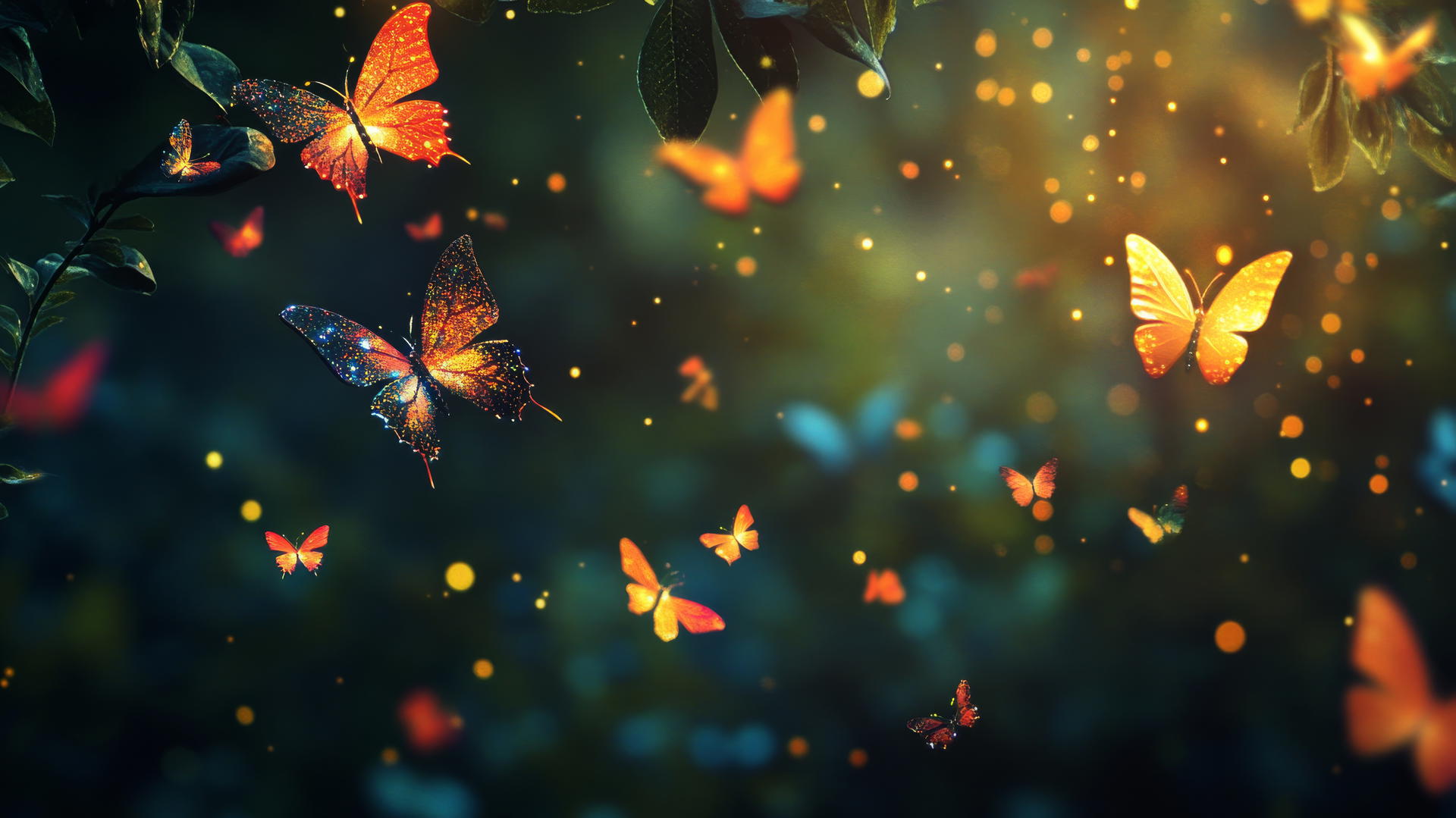 cute black wallpaper with glowing butterflies in a dark forest