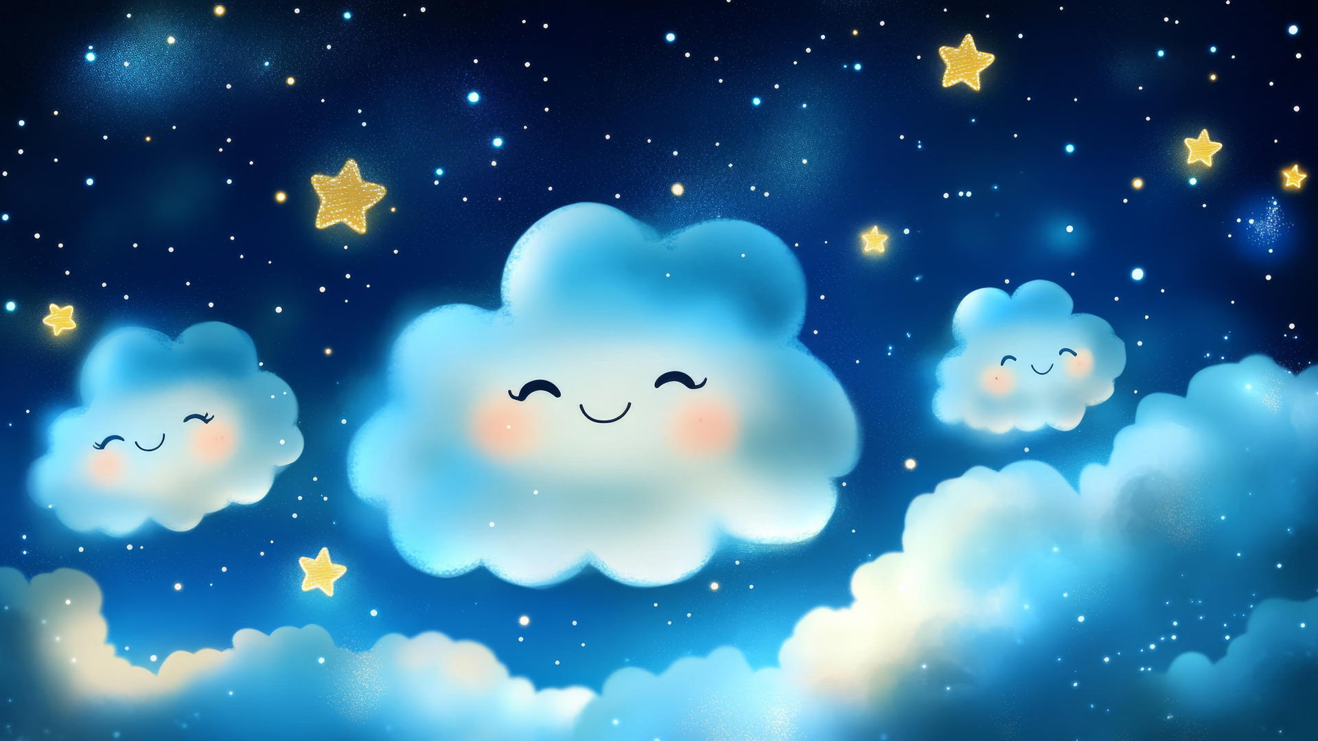 cute blue wallpaper with fluffy clouds, smiling faces, and twinkling stars