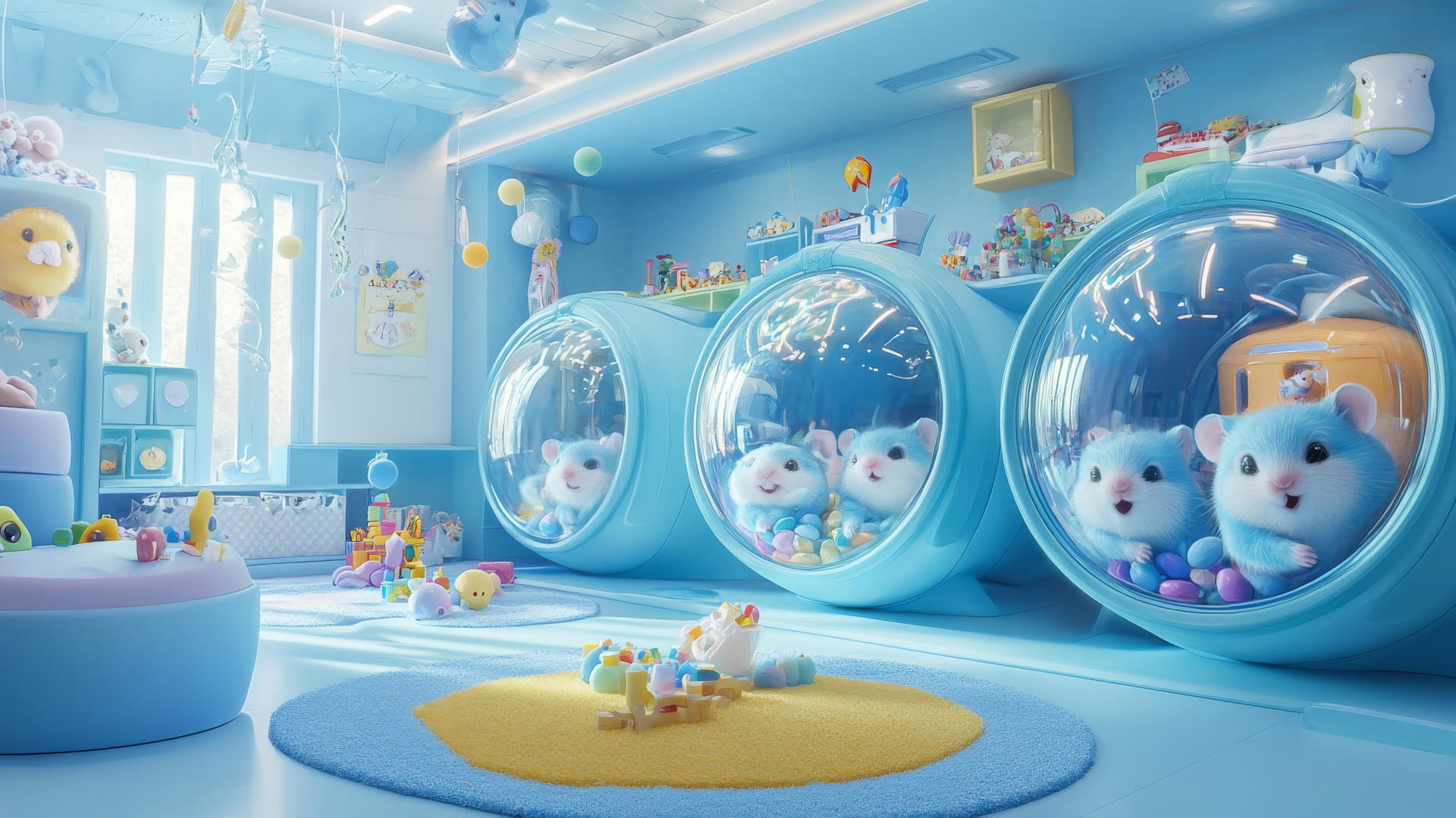 cute blue wallpaper with adorable hamsters in hamster balls in a pastel playroom