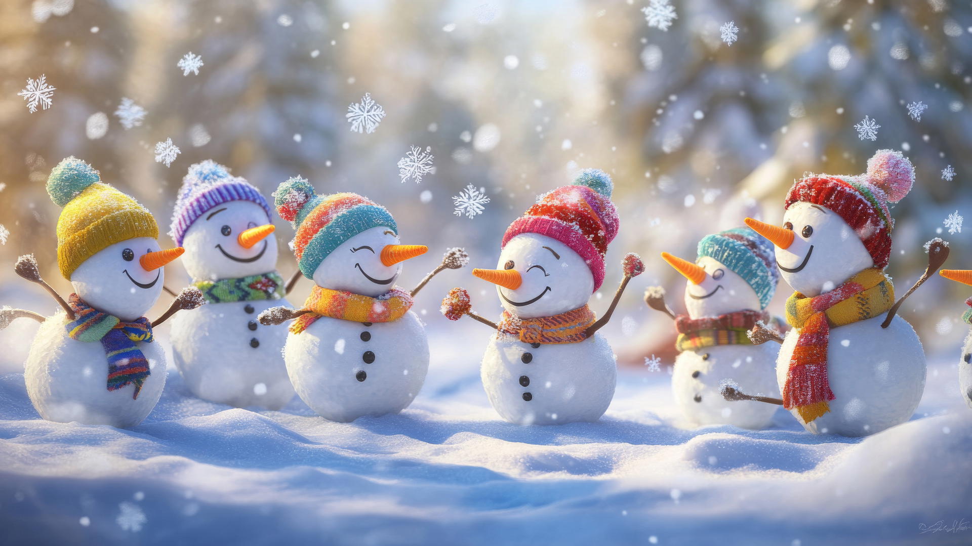 Cute winter wallpaper: tiny, smiling snowmen with colorful earmuffs and scarves having a snowball fight in a snowy park.