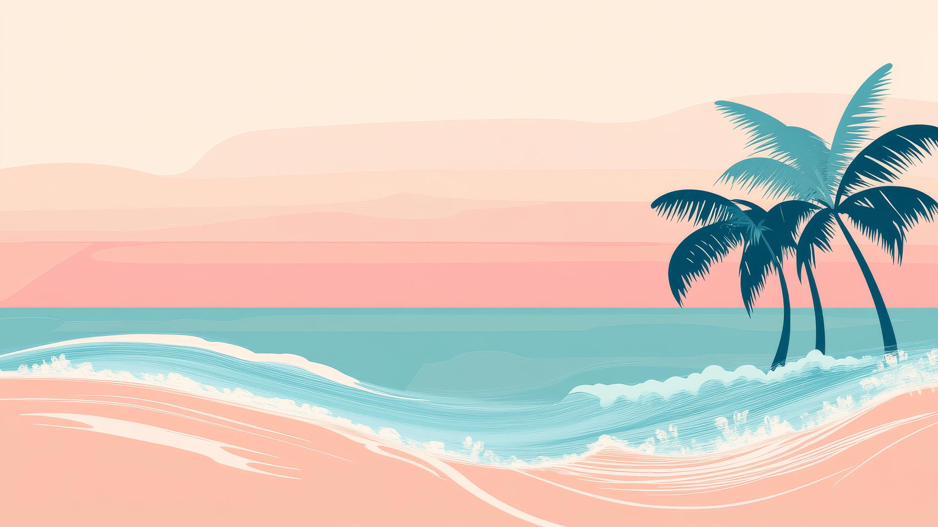 beach themed wallpaper with soft colors, stylized palm trees, and abstract ocean waves