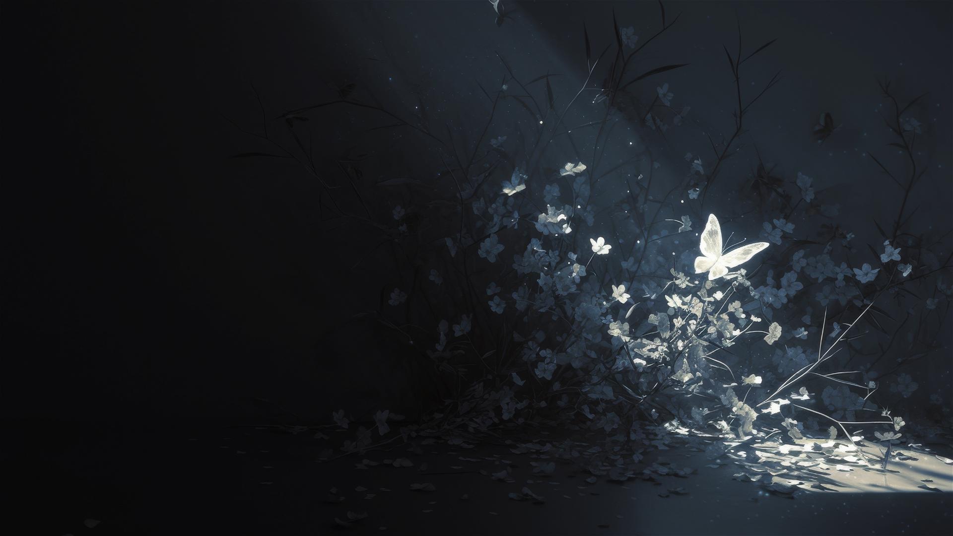 Delicate black butterfly with moonlit outline on dark background