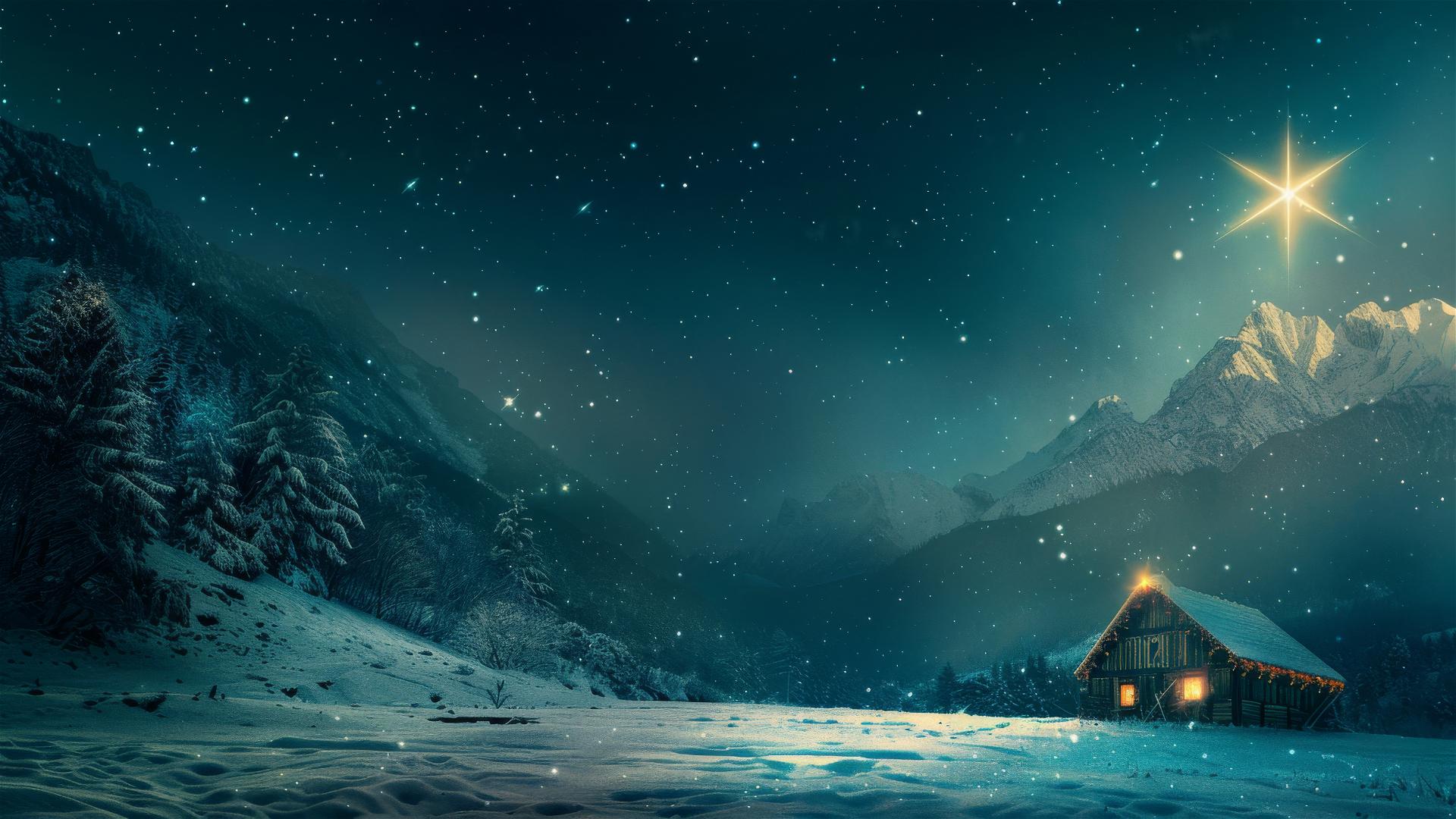 Christmas star over a cabin near mountains in dark cyan and light brown