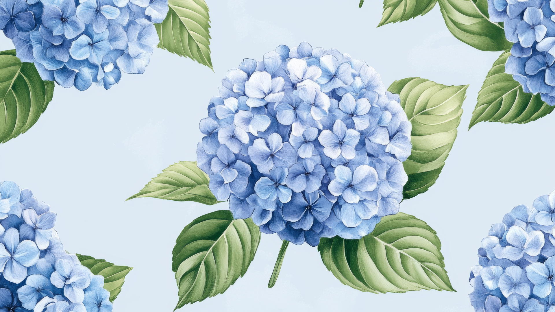 Preppy blue wallpaper with hand-drawn blue hydrangeas and green leaves