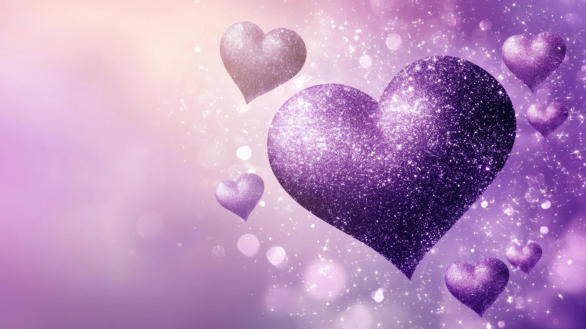 A glittering purple heart wallpaper with sparkling hearts against a lavender and violet gradient background.