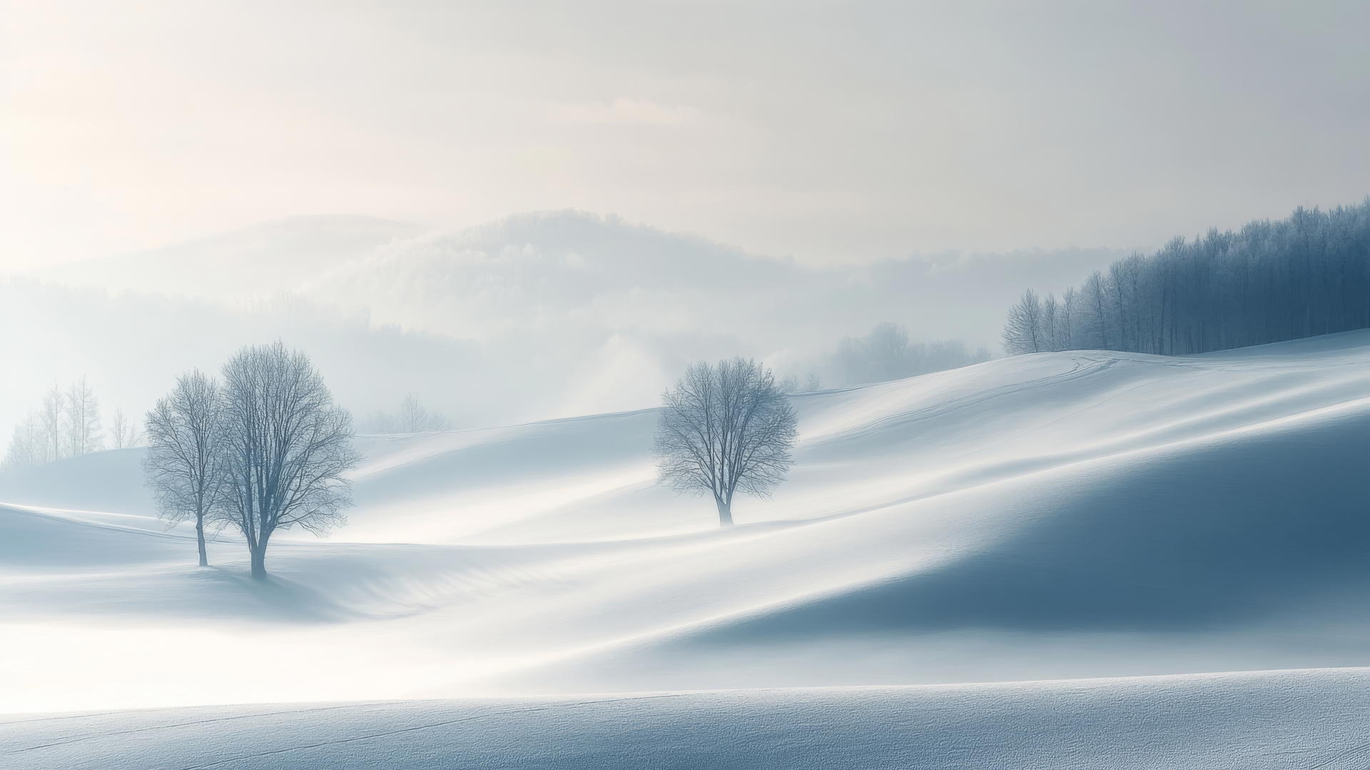 aesthetic winter wallpaper with snow-covered hills, minimalist tree silhouettes, light mist, ethereal vibe