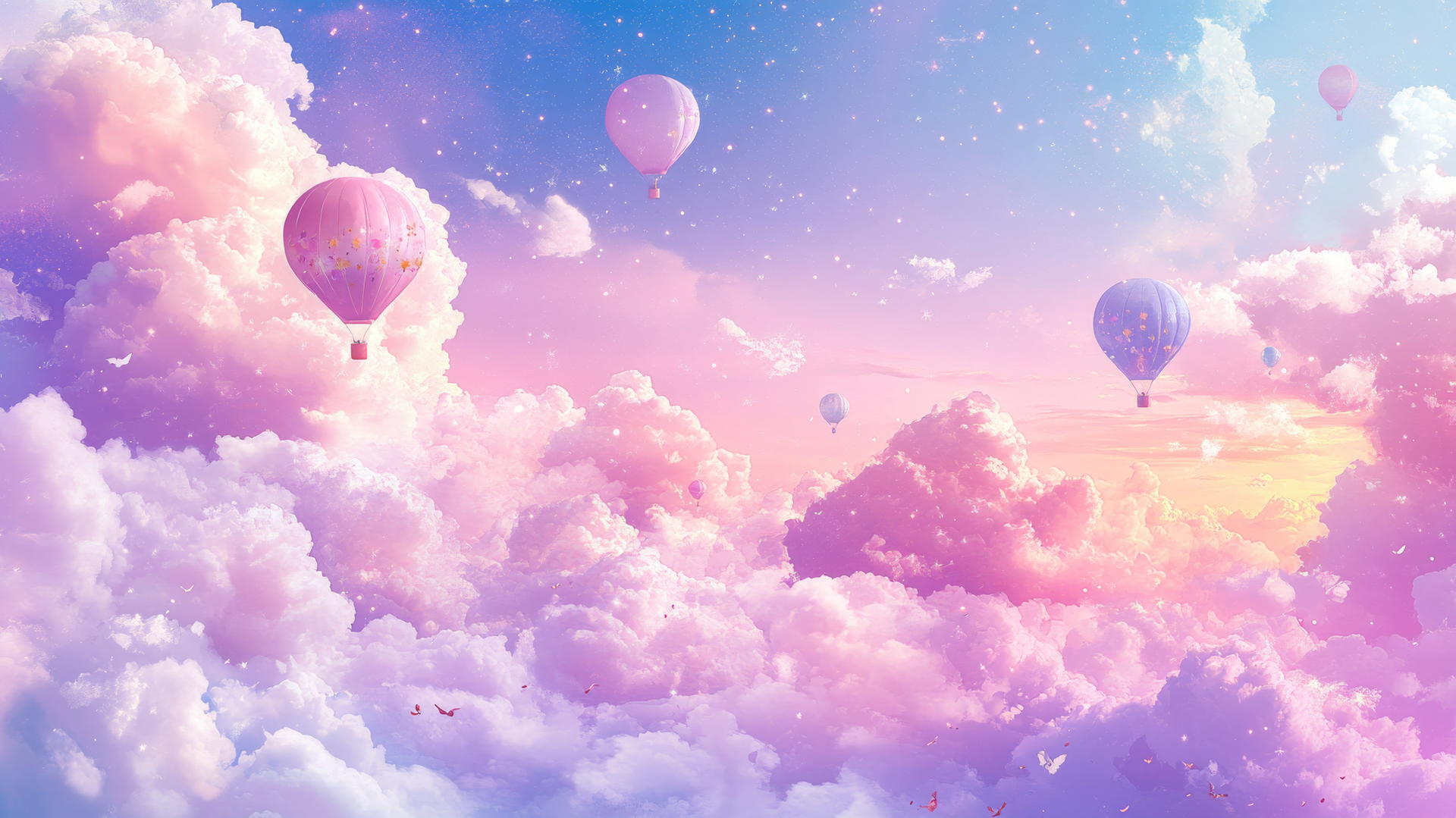 cute aesthetic wallpapers with fluffy clouds, tiny hot air balloons, stars, gradient pink to purple sky