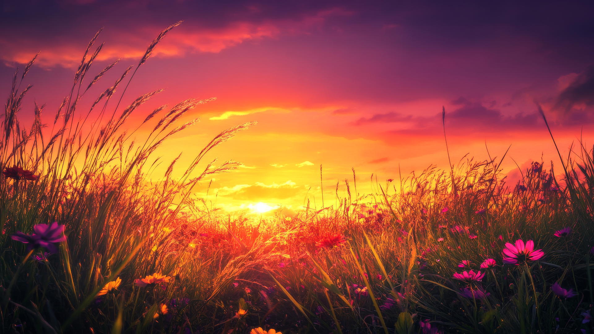 nature wallpaper with a colorful sunset over a meadow of tall grasses and wildflowers