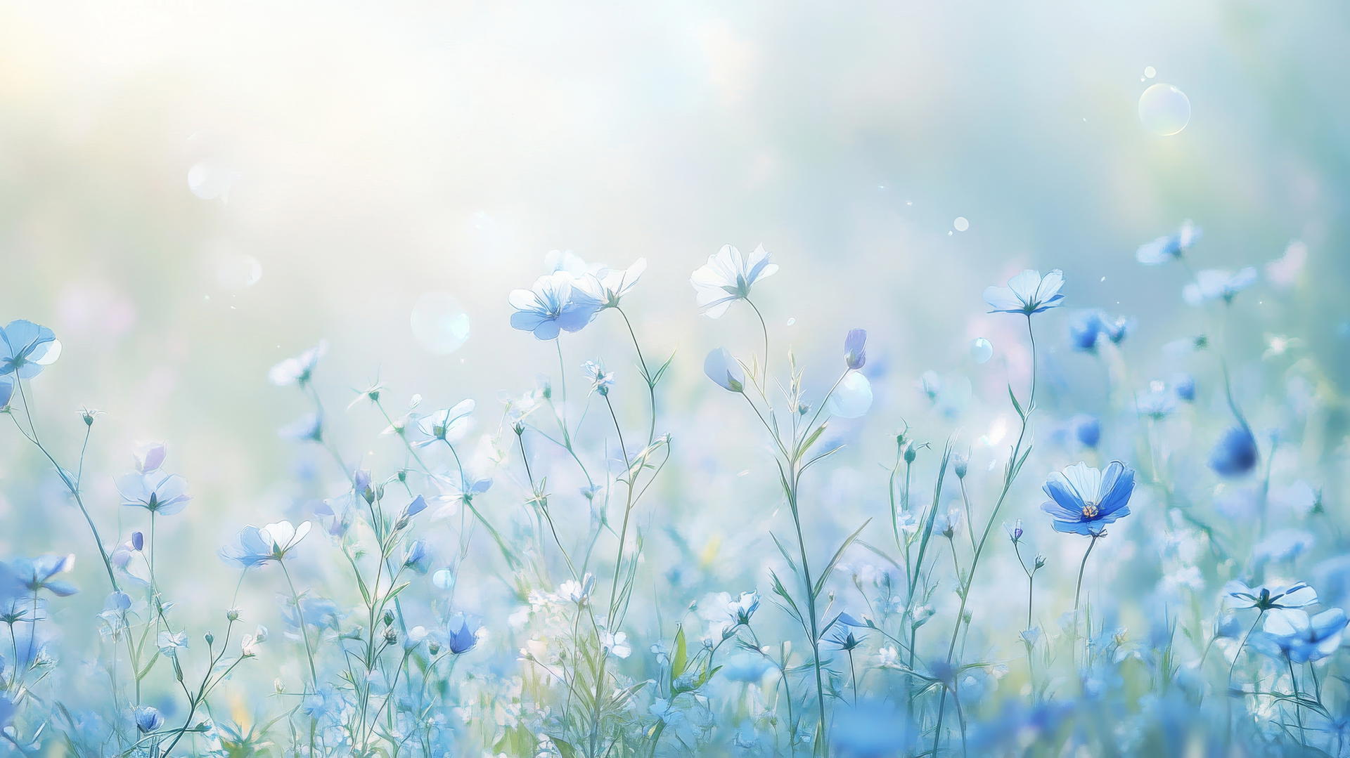 blue floral wallpaper with ethereal wildflowers swaying in a soft breeze