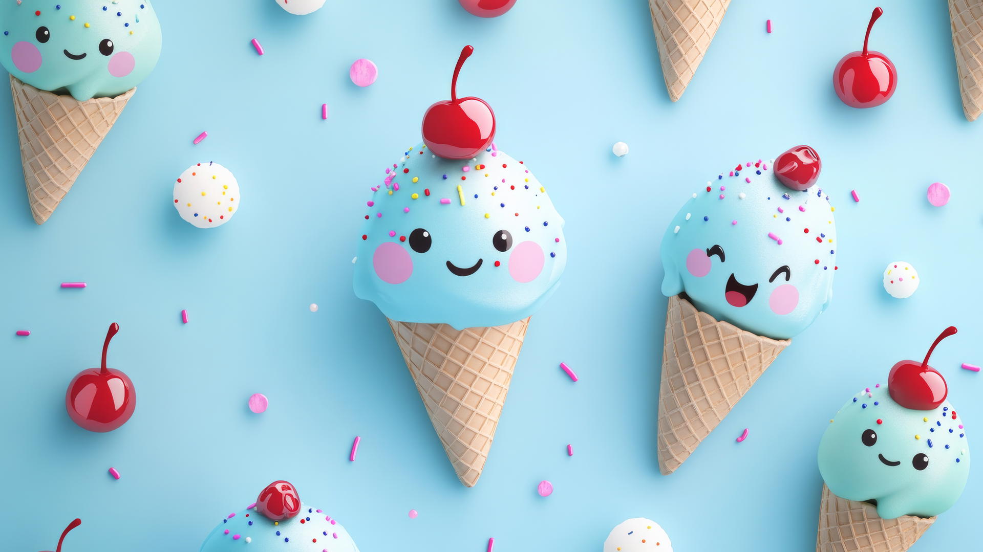 cute blue wallpaper with cartoon ice cream cones, sprinkles, and cherry toppings