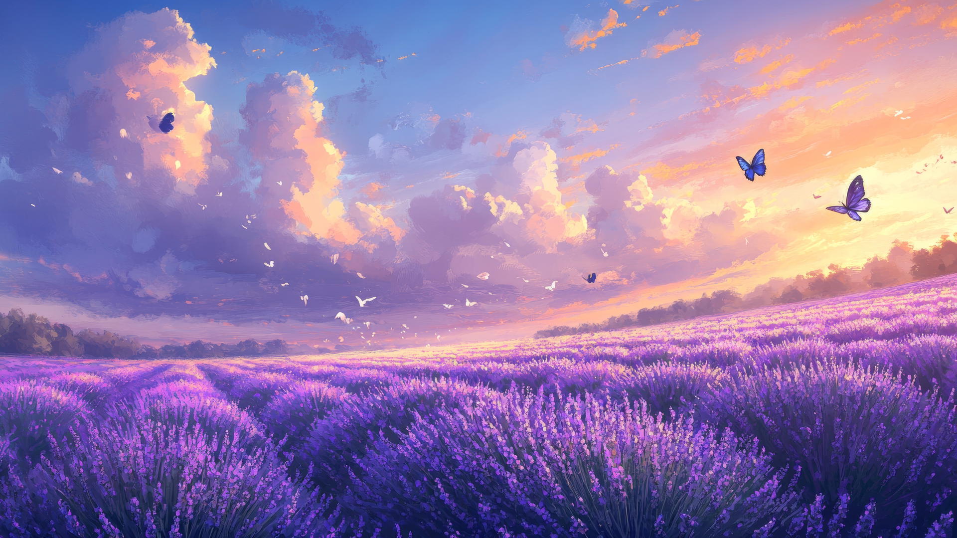 summer wallpaper with endless lavender fields under a warm sky