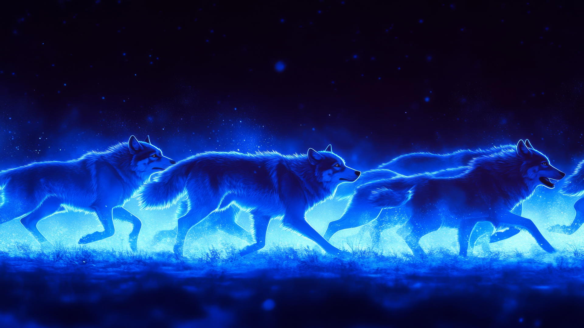 wolves silhouette running across glowing neon landscape under dark sky