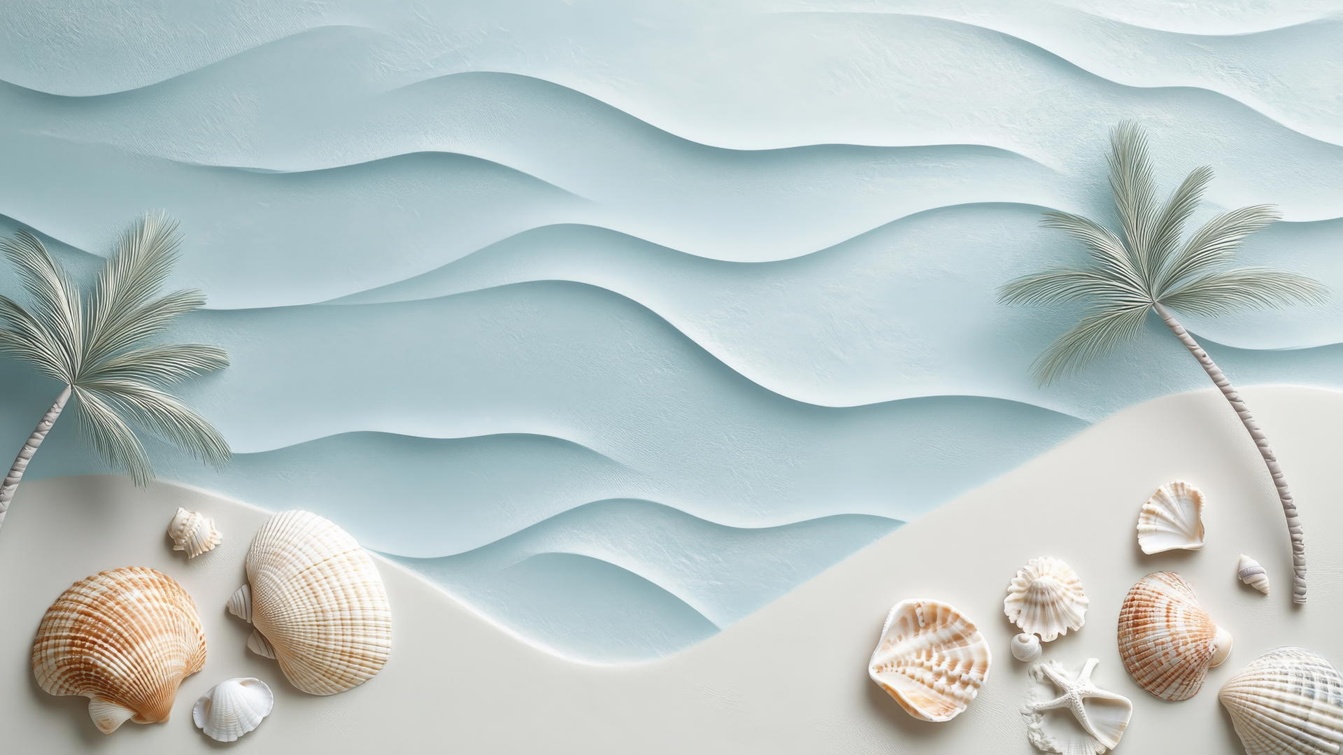 beach theme wallpaper with soft blue waves, palm tree silhouettes, and seashells