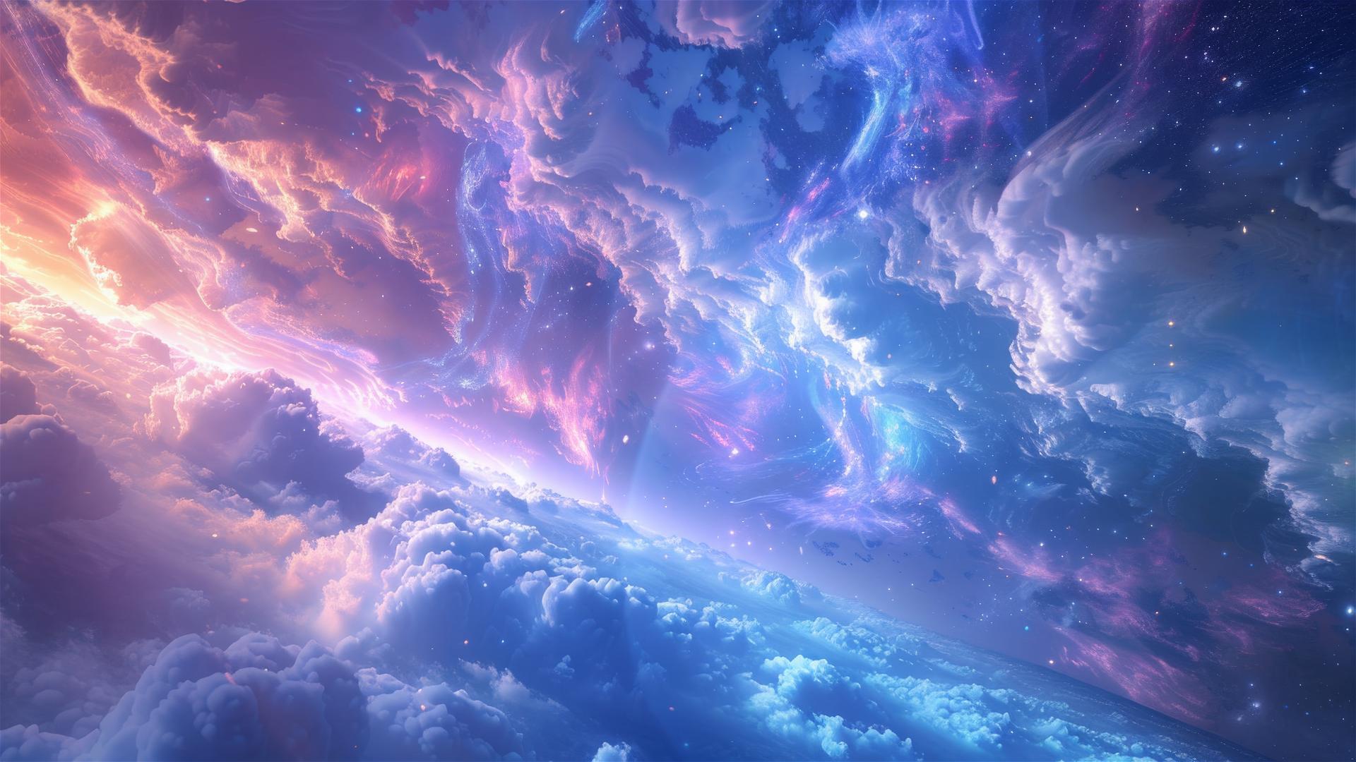 CG rendering of a blue universe with rainbow light and smooth clouds from above.