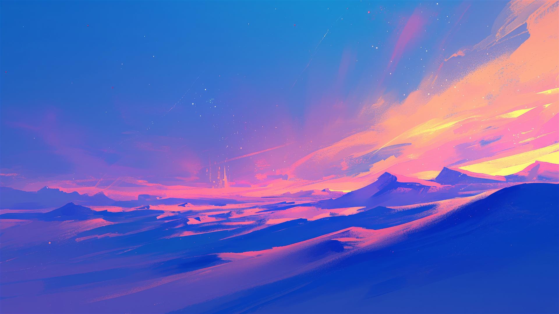 Northern Lights over desert dunes with soft shadows under a pastel sky
