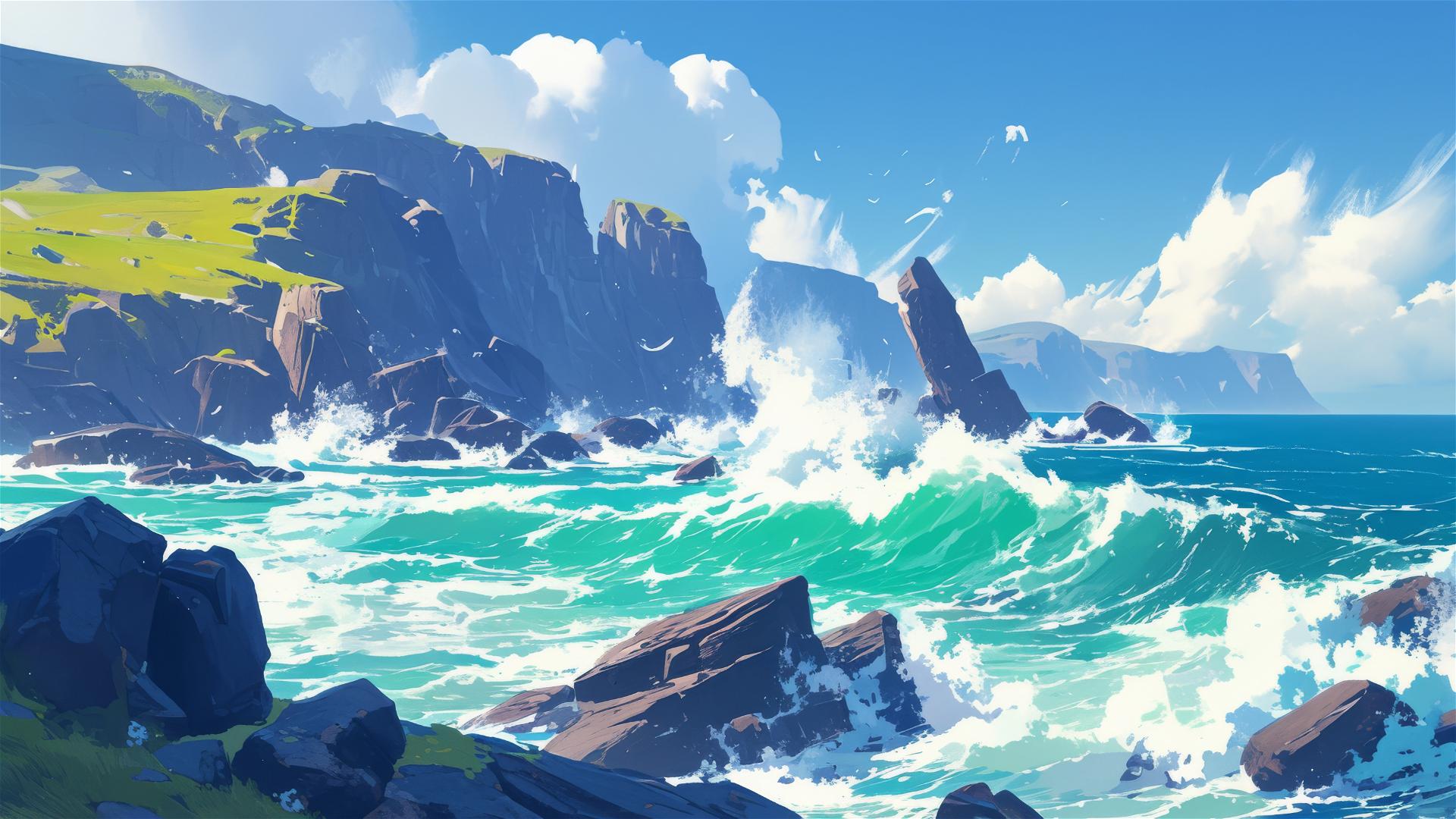 Coastal cliffs with waves and sea spray