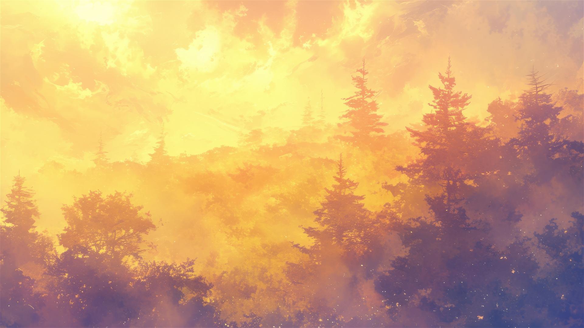 Ethereal vapor forest with geothermal steams and warm mists around trees