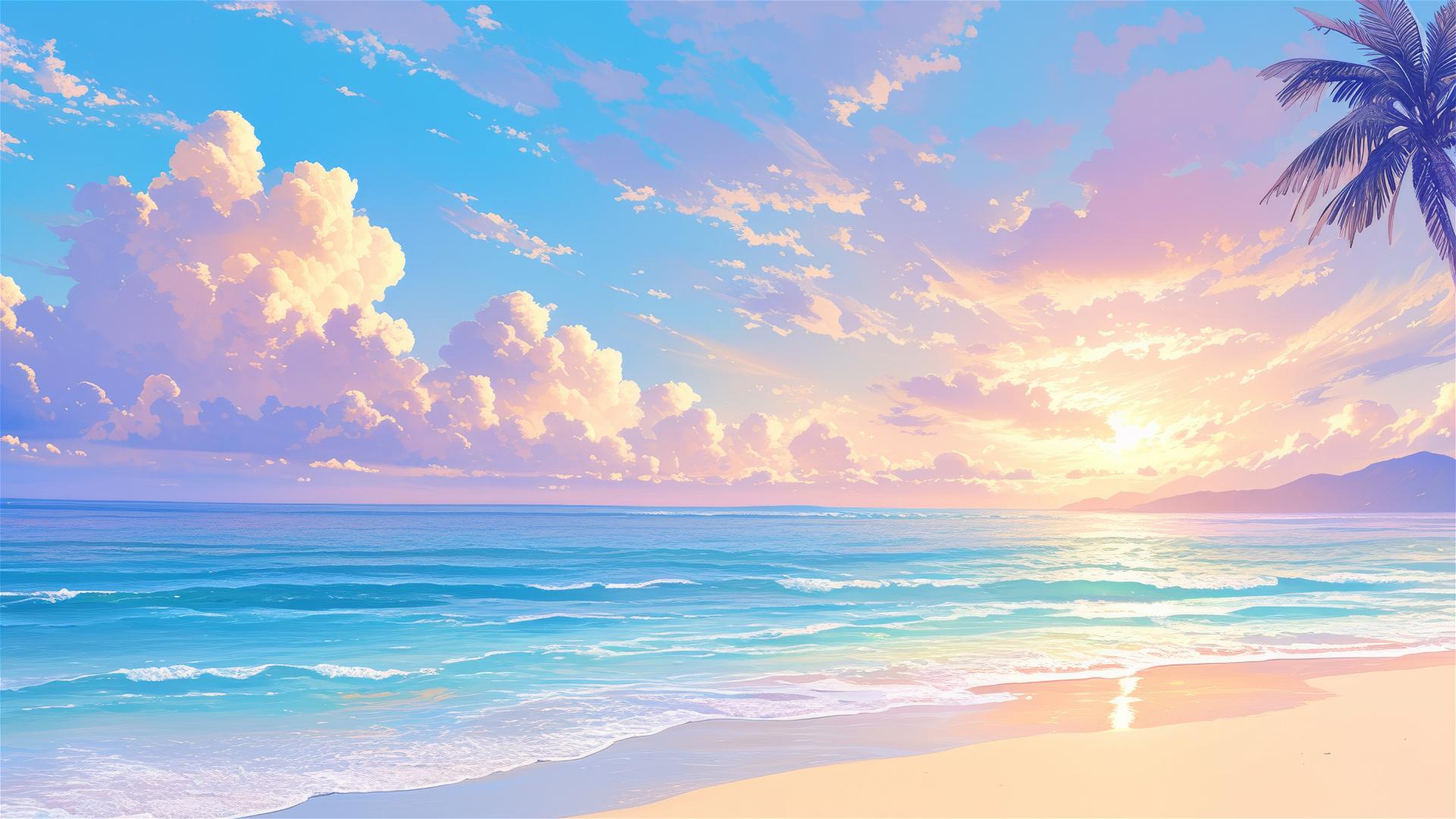 Pearl beach with shimmering nacreous sands and a soft, glowing ambiance