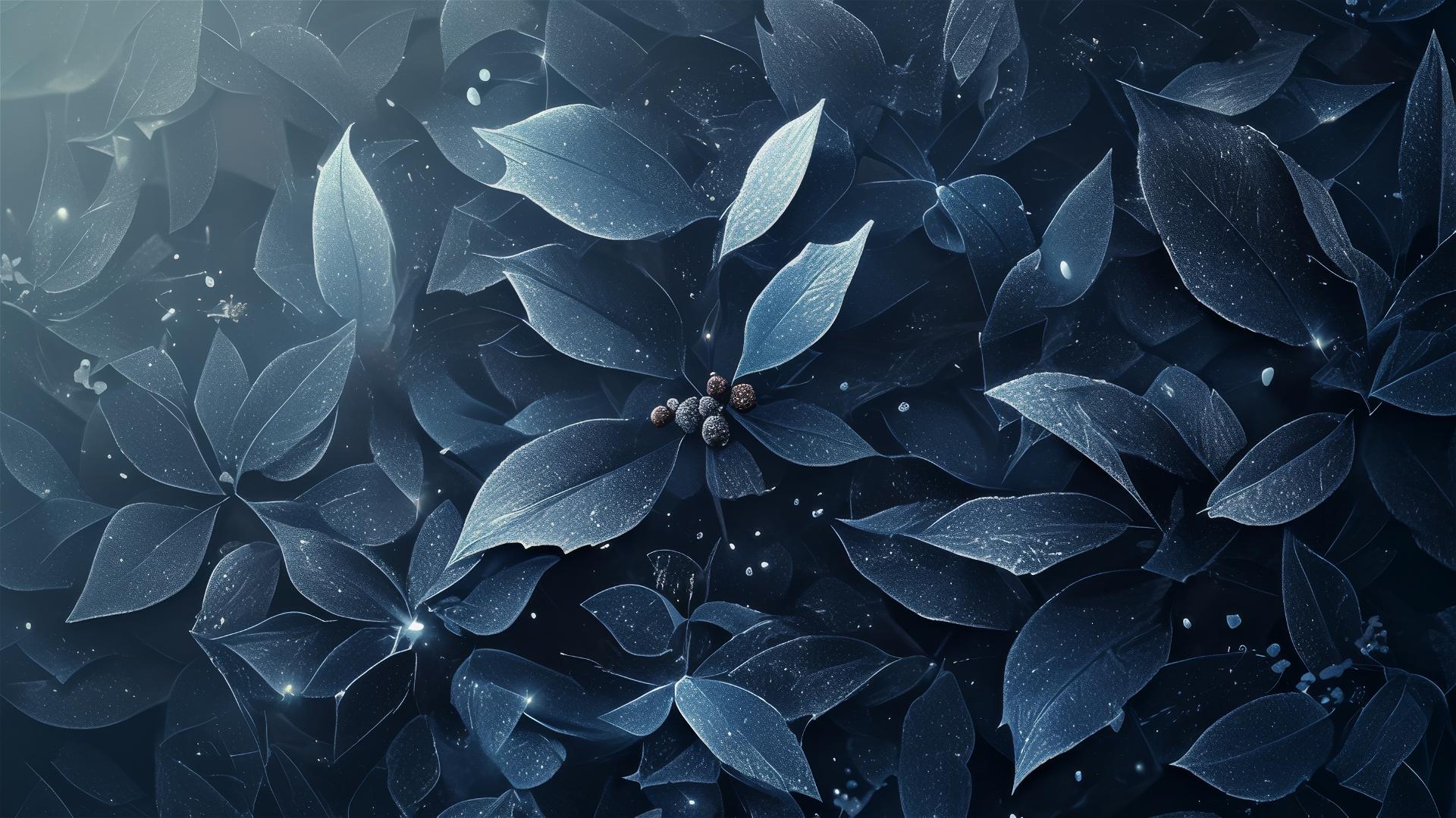Frost-covered dark holly leaves in moonlit winter scene