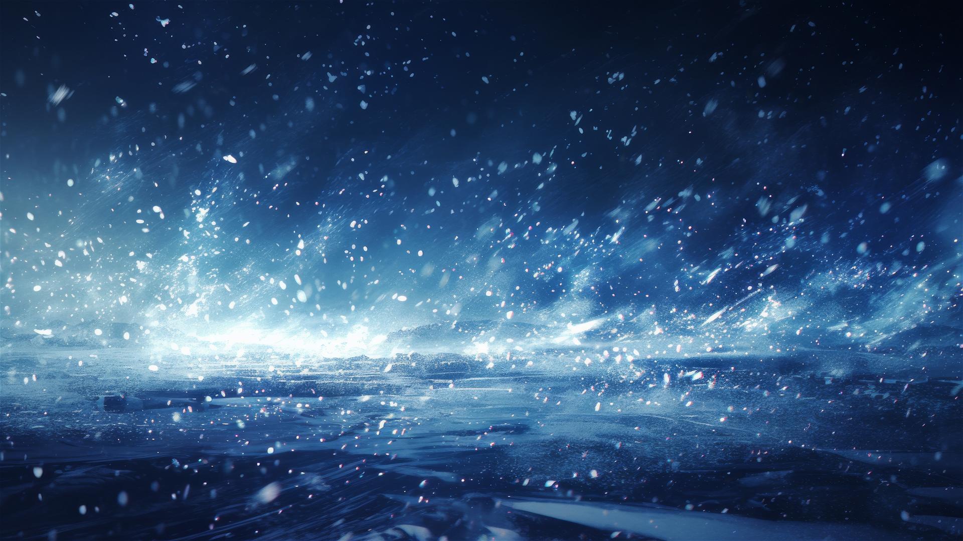 Snowflakes dancing in a dark blizzard against a black sky