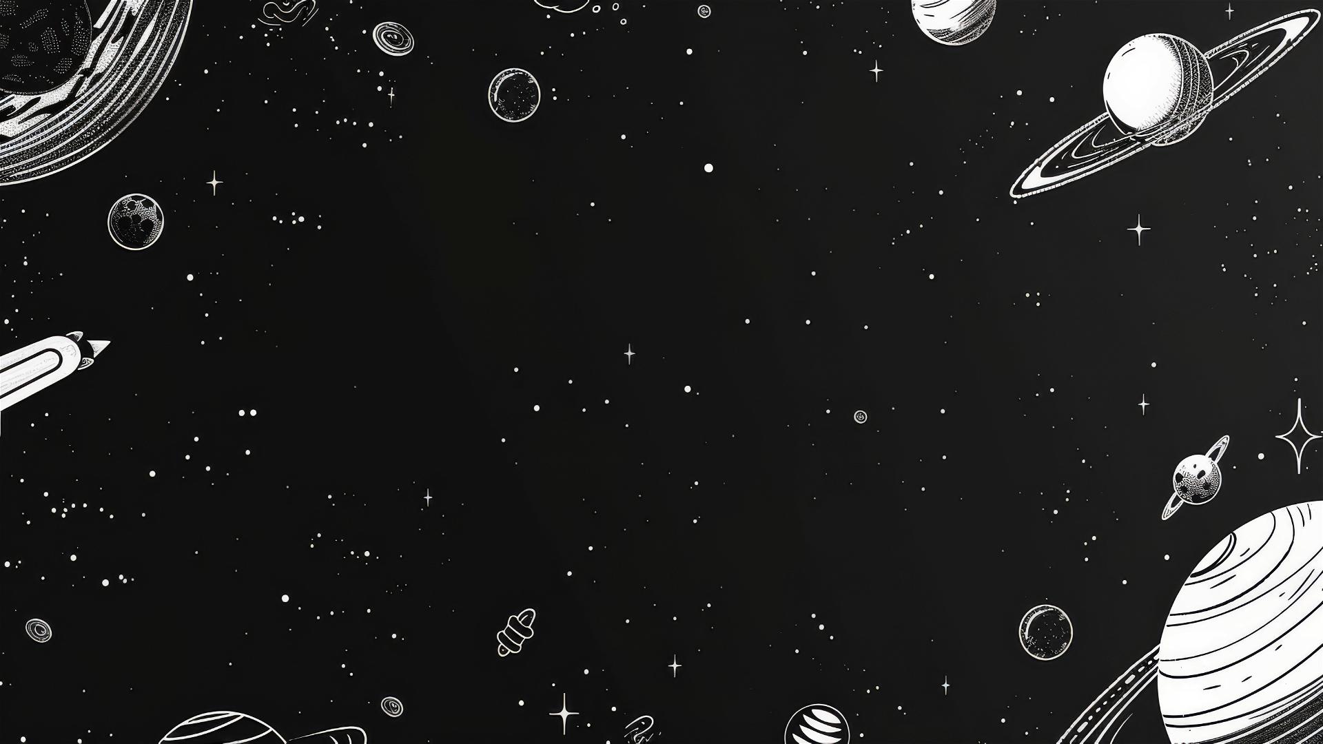 Black background with line elements of spaceships, moons, planets at edges, white space in center