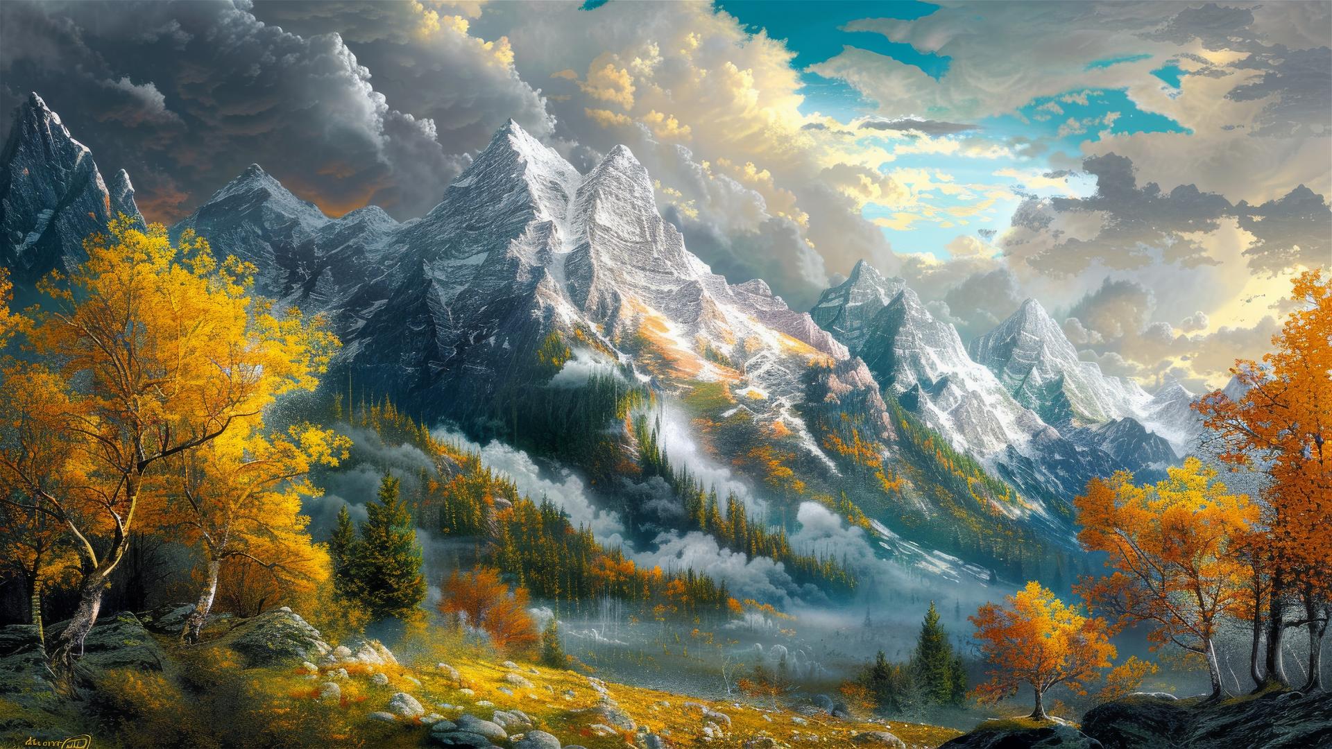 Light gray and amber mountainscape with detailed foliage and ethereal clouds