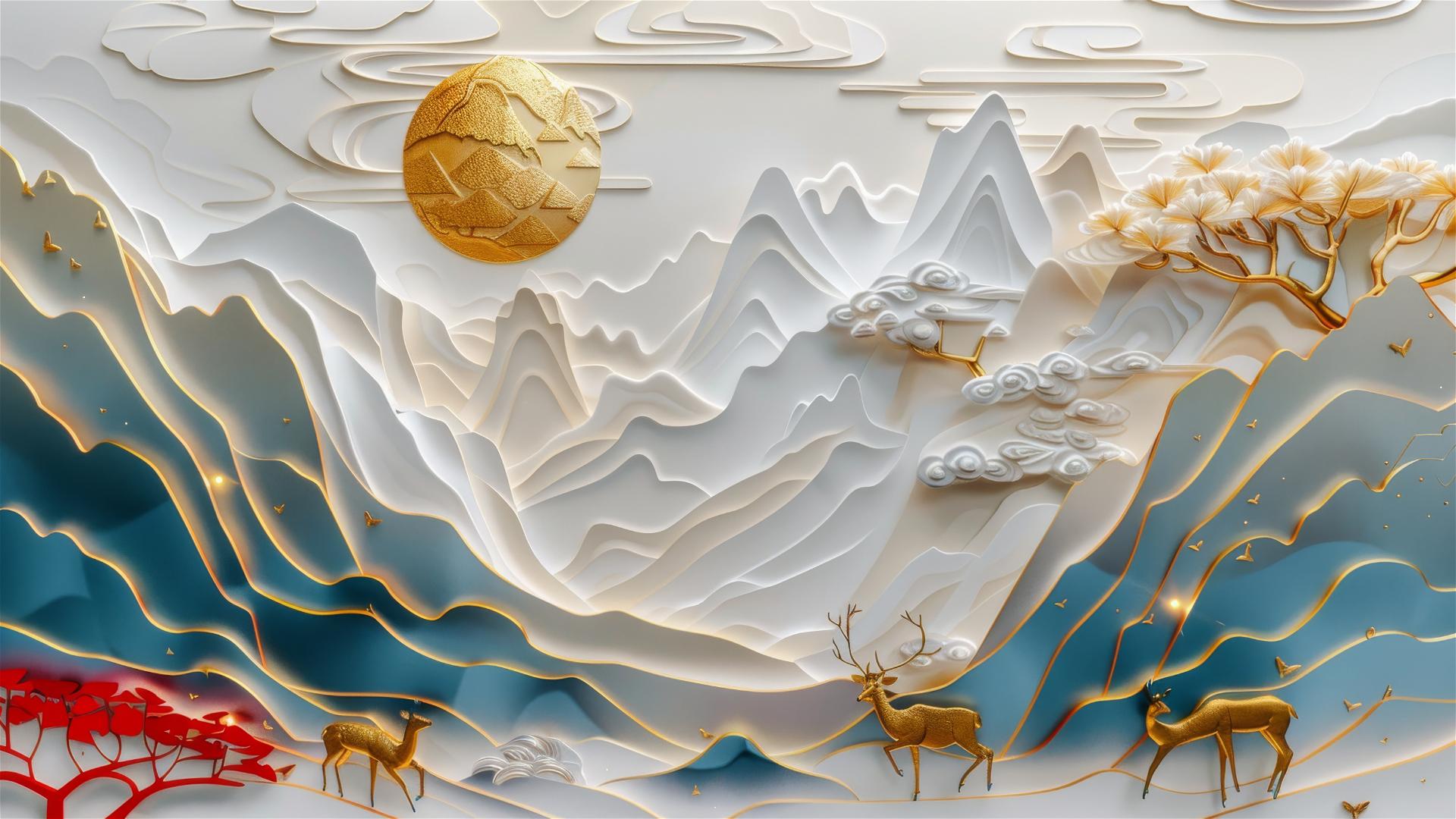 3D Asian painting of golden mountains and deer grazing in a forest