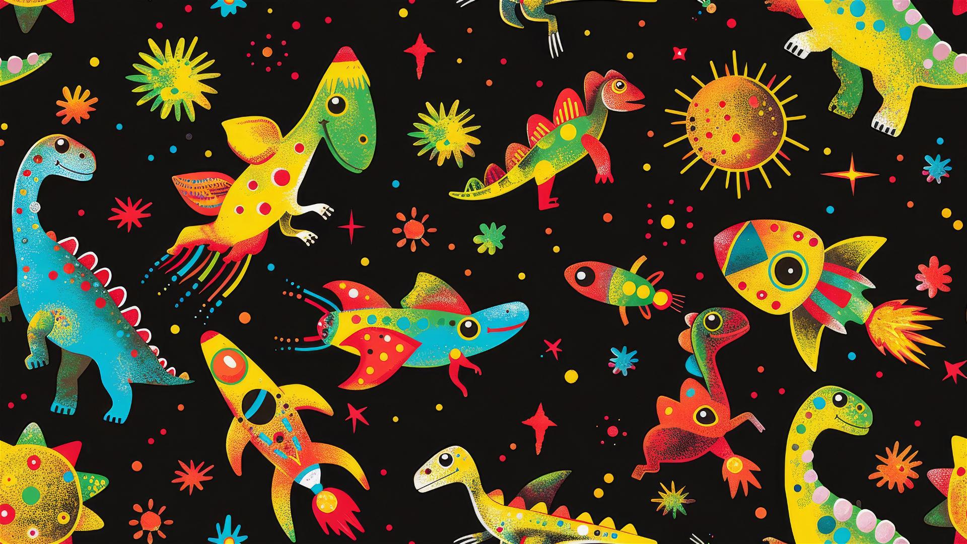 Colorful space dinosaurs and rocket ships on a black background with shimmering stars