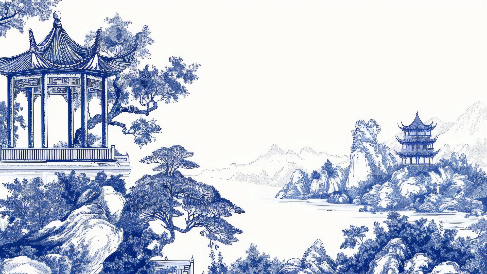 engraved minimalist Chinese landscape in blue and white