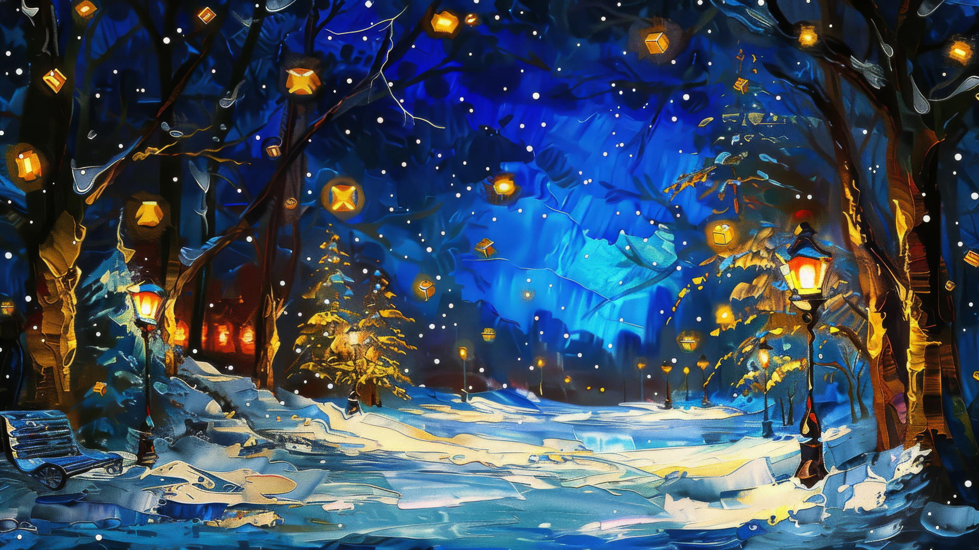Brilliant stars illuminate a quiet night with light snowfall, stained glass style.