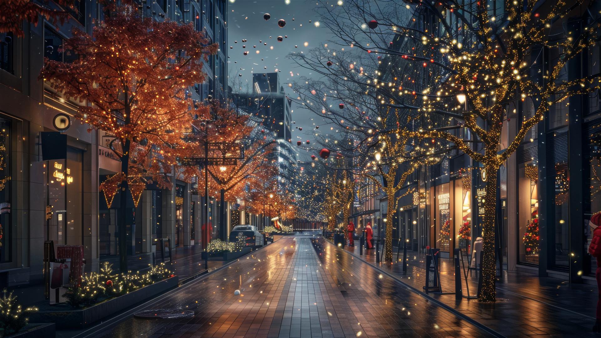 Christmas night on a silent street in a modern city