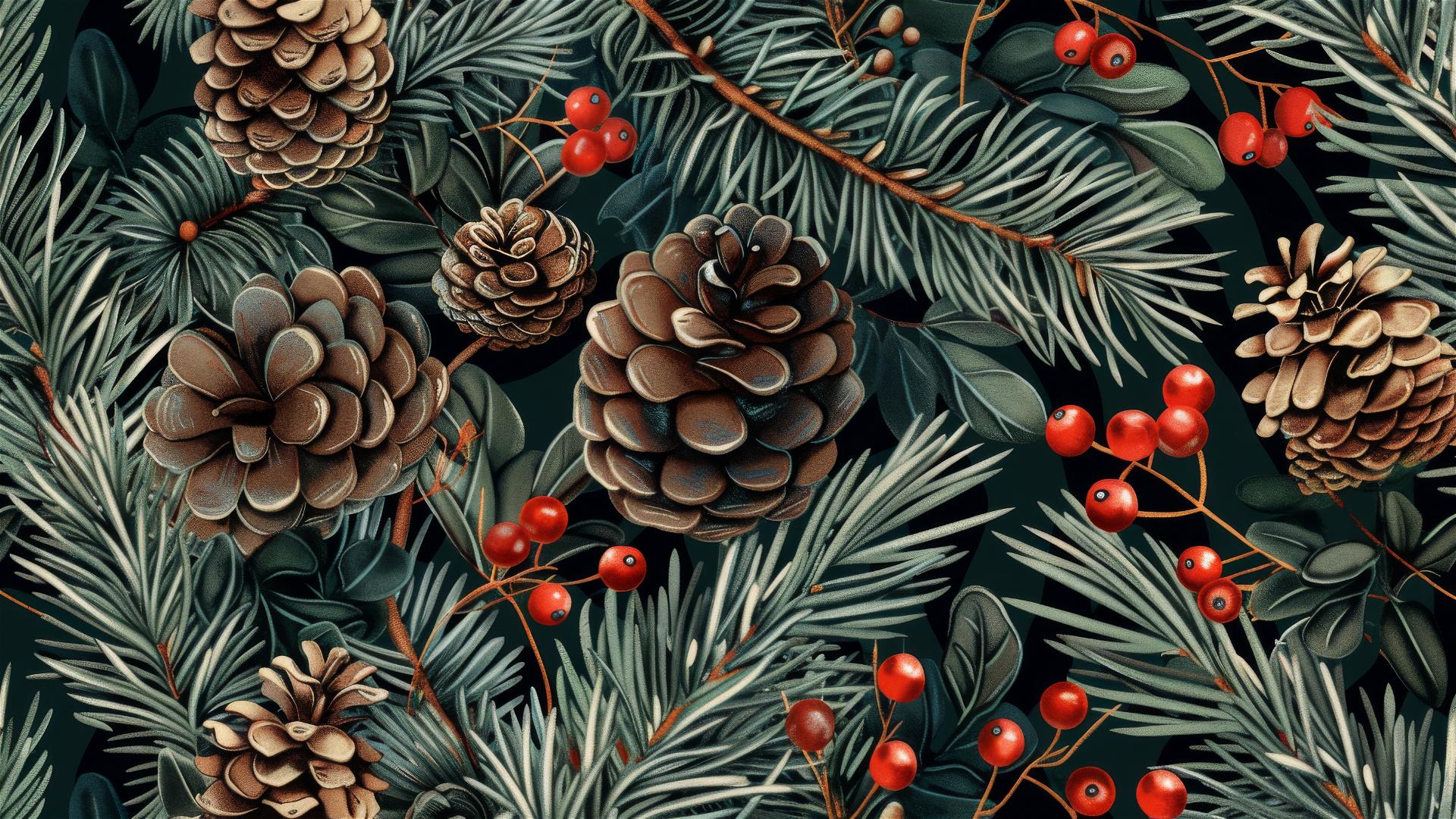 Seamless pattern of spruce cones, pine needles and red berries on dark green background.