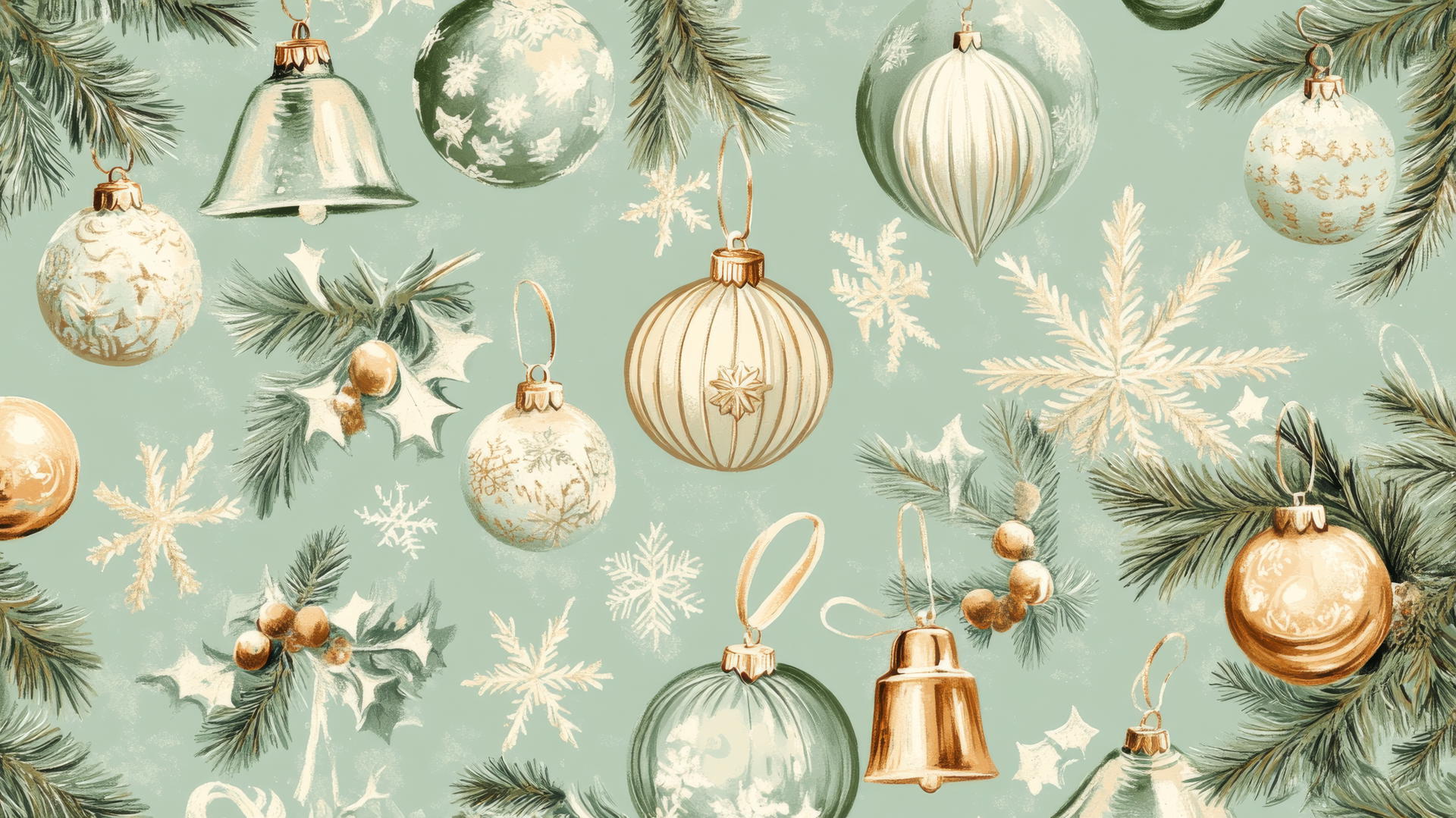 aesthetic preppy Christmas wallpaper with vintage ornaments, bells, pastel green and gold accents